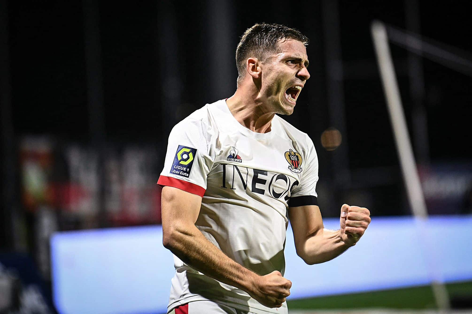 Nice's French defender #15 Romain Perraud reacts during the French L1 football match between Clermont Foot 63 and OGC Nice at Stade Gabriel Montpied in Clermont-Ferrand, central France on October 27, 2023. (Photo by OLIVIER CHASSIGNOLE / AFP) (Photo by OLIVIER CHASSIGNOLE/AFP via Getty Images)