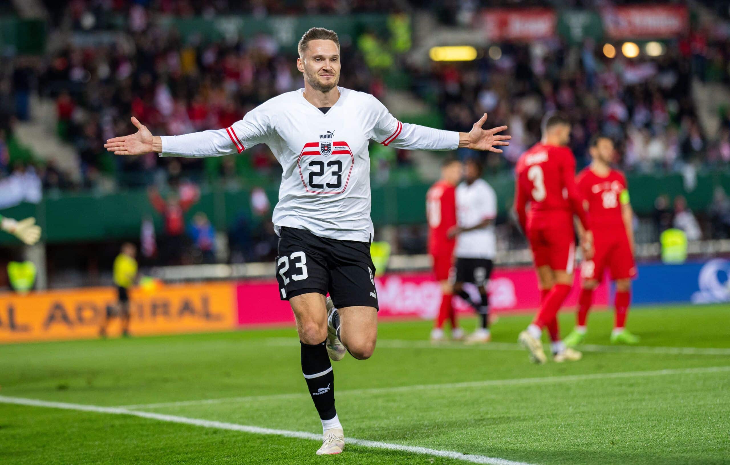 Austria's forward #23 Maximilian Entrup celebrates scoring the 6-1 goal during the friendly football match between Austria and Turkey in Vienna, Austria, on March 26, 2024. (Photo by GEORG HOCHMUTH / APA / AFP) / Austria OUT (Photo by GEORG HOCHMUTH/APA/AFP via Getty Images)