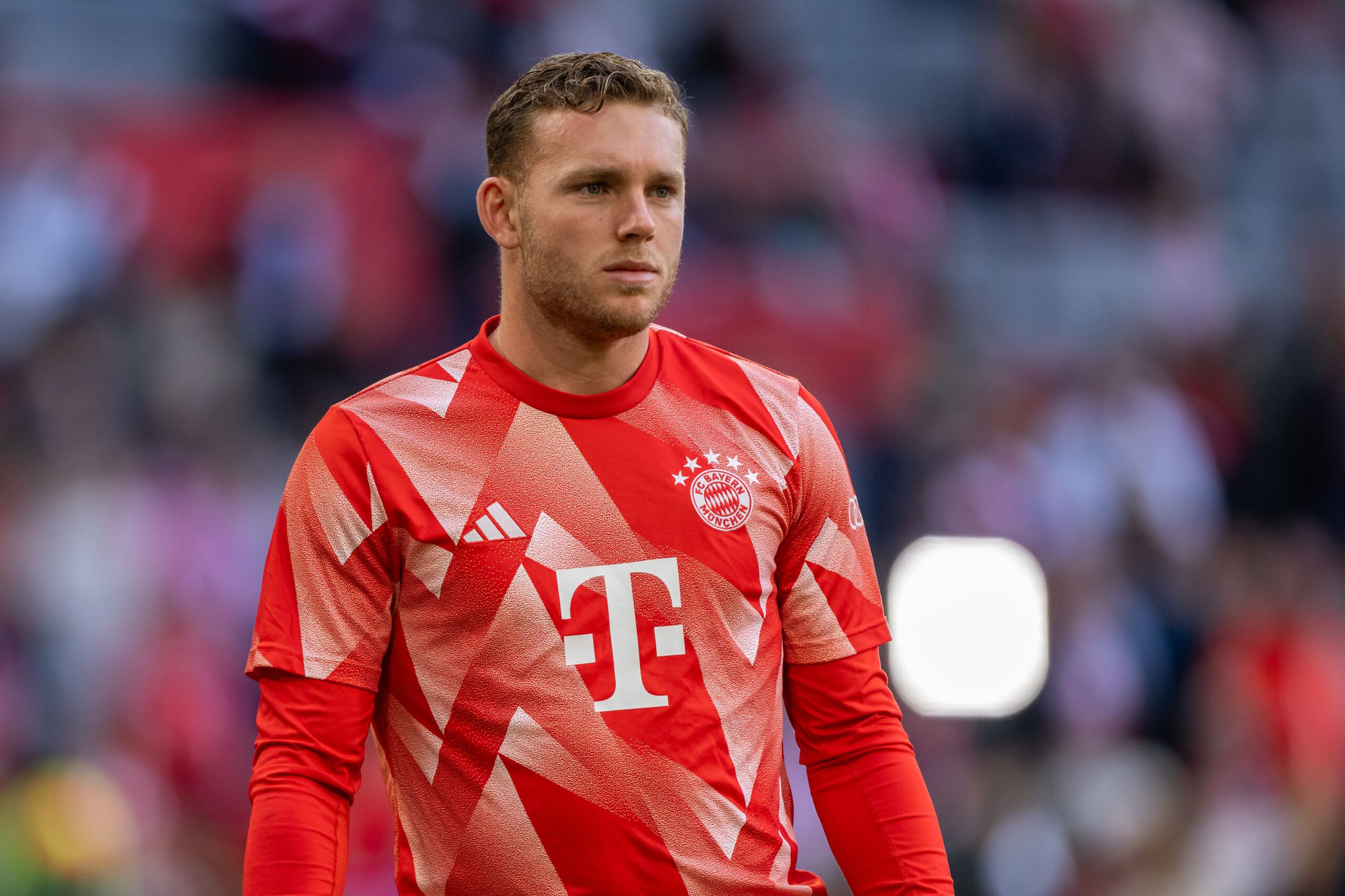MUNICH, GERMANY - OCTOBER 28: Daniel Peretz of FC Bayern München looks on during warm up prior to the Bundesliga match between FC Bayern München and SV Darmstadt 98 at Allianz Arena on October 28, 2023 in Munich, Germany. (Photo by Sebastian Widmann/Getty Images)