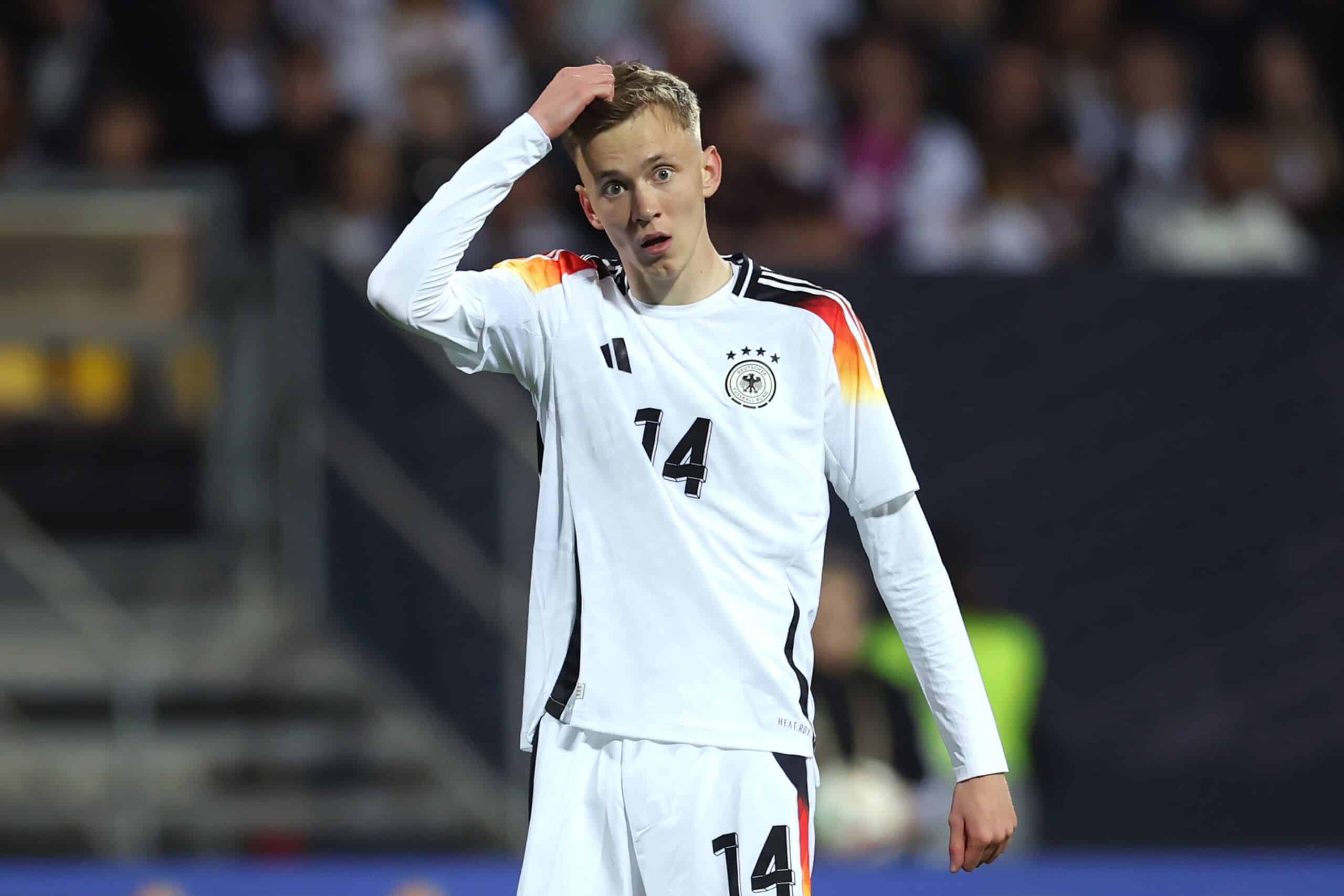 NUREMBERG, GERMANY - JUNE 03: Maximilian Beier of Germany reacts during the international friendly match between Germany and Ukraine at Max-Morlock-Stadion on June 03, 2024 in Nuremberg, Germany. (Photo by Alex Grimm/Getty Images)