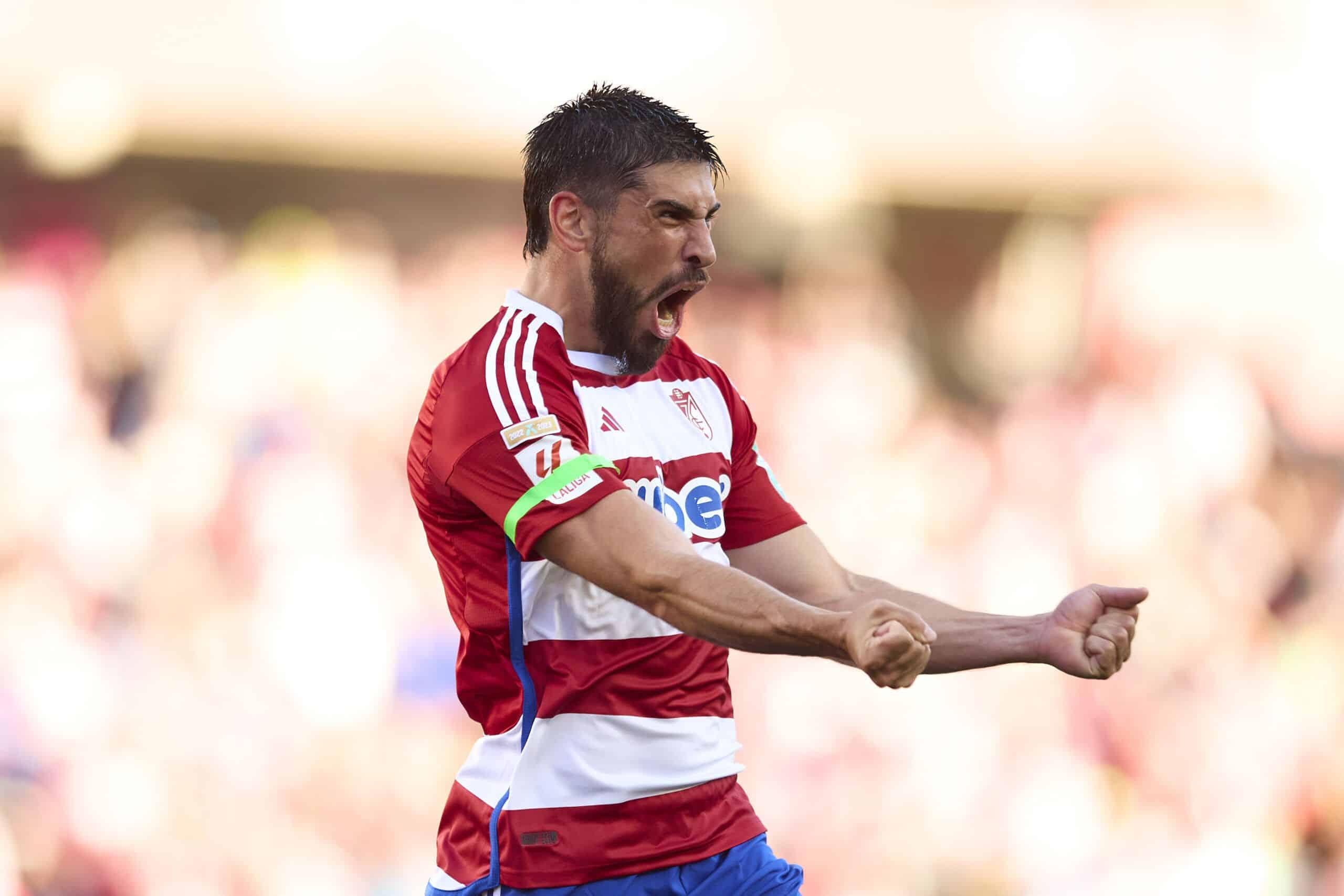 GRANADA, SPAIN - FEBRUARY 03: Bruno Mendez of Granada celebrates after scoring the teams first goal during the LaLiga EA Sports match between Granada CF and UD Las Palmas at Estadio Nuevo Los Carmenes on February 03, 2024 in Granada, Spain. (Photo by Fran Santiago/Getty Images)