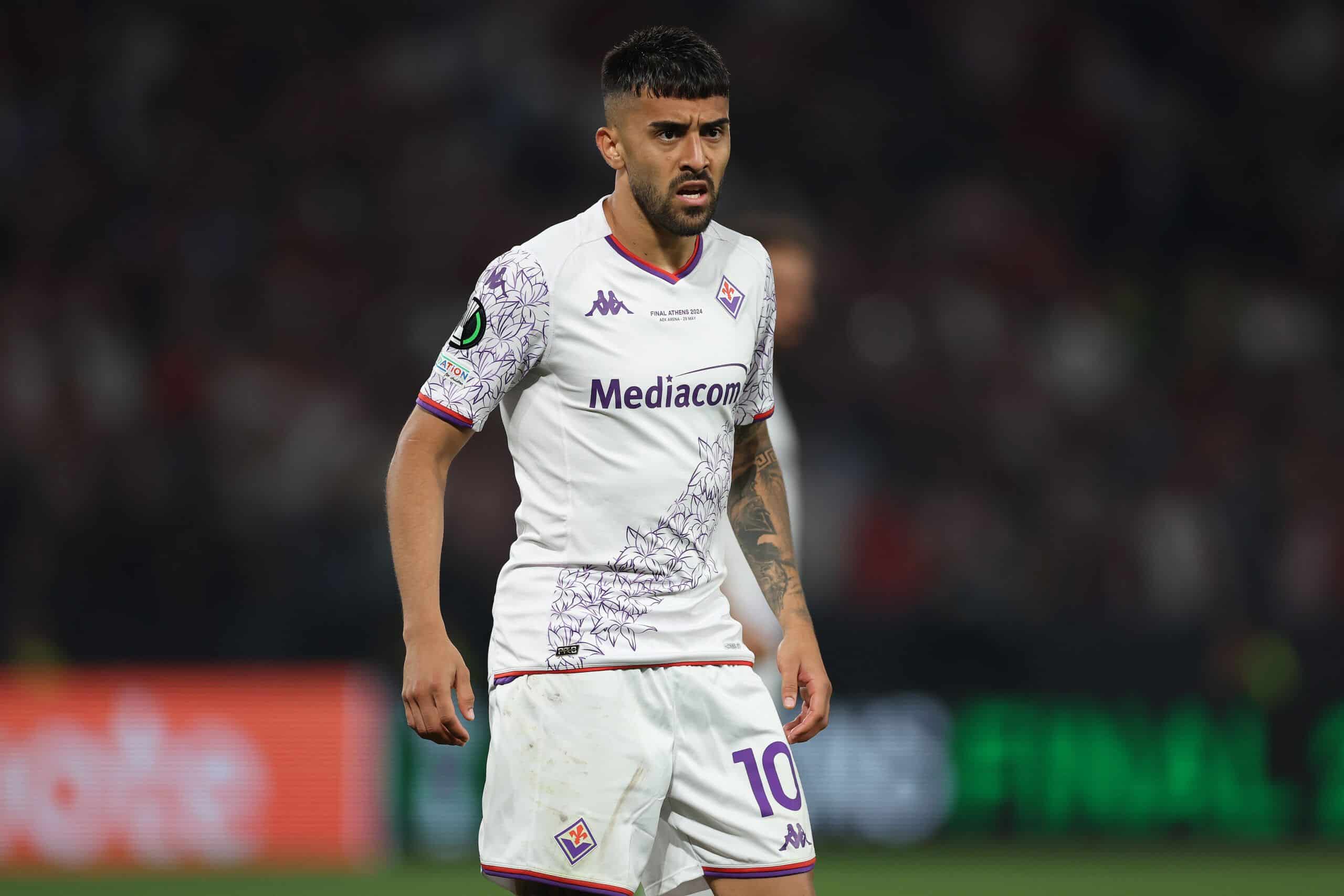 ATHENS, GREECE - MAY 29: Nicolas Gonzalez of Fiorentina during the UEFA Europa Conference League 2023/24 final match between Olympiacos FC and ACF Fiorentina at AEK Arena on May 29, 2024 in Athens, Greece. (Photo by Michael Steele/Getty Images)