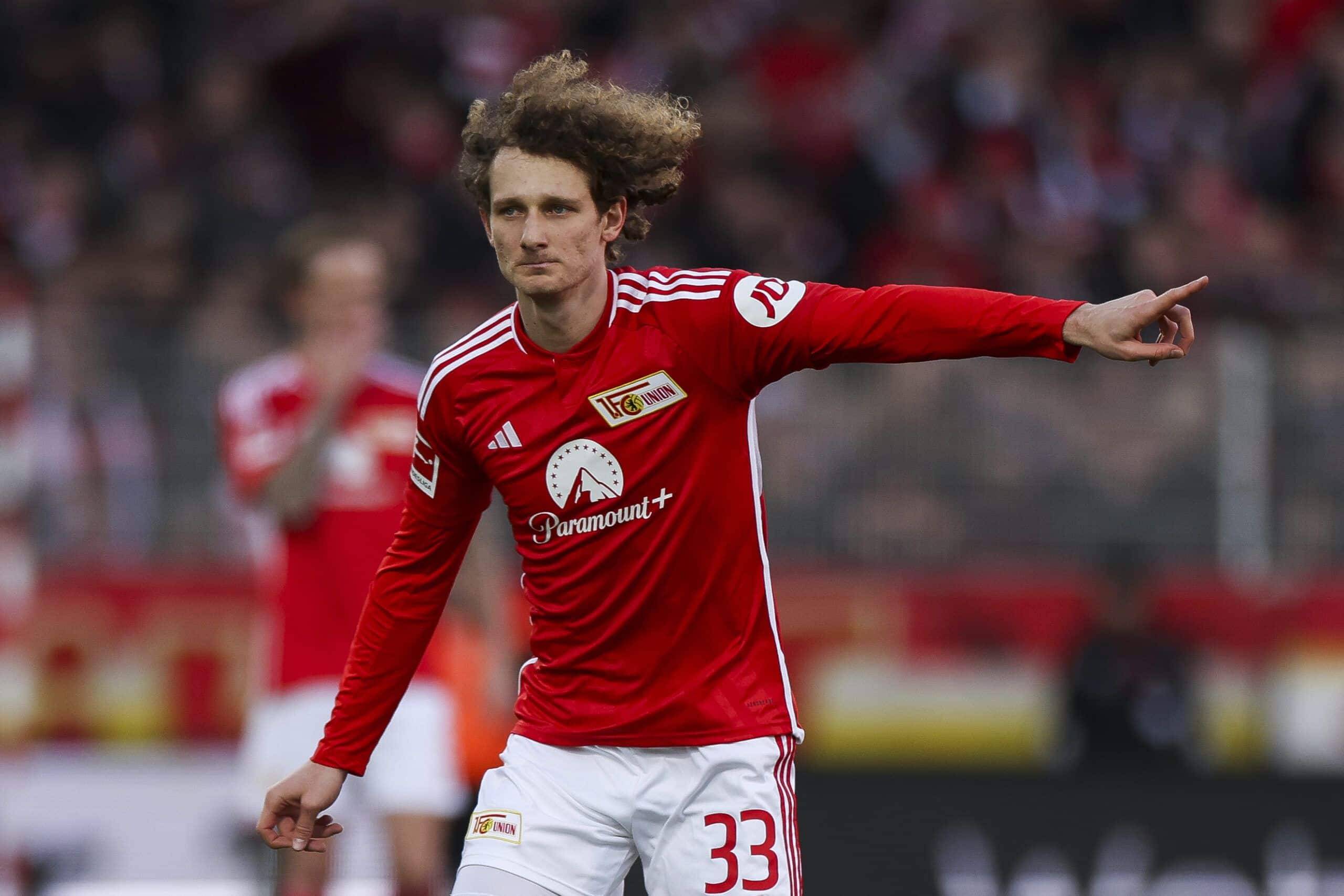 BERLIN, GERMANY - JANUARY 28: Alex Kral  of 1. FC Union Berlin reacts during the Bundesliga match between 1. FC Union Berlin and SV Darmstadt 98 at An der Alten Foersterei on January 28, 2024 in Berlin, Germany. (Photo by Maja Hitij/Getty Images)