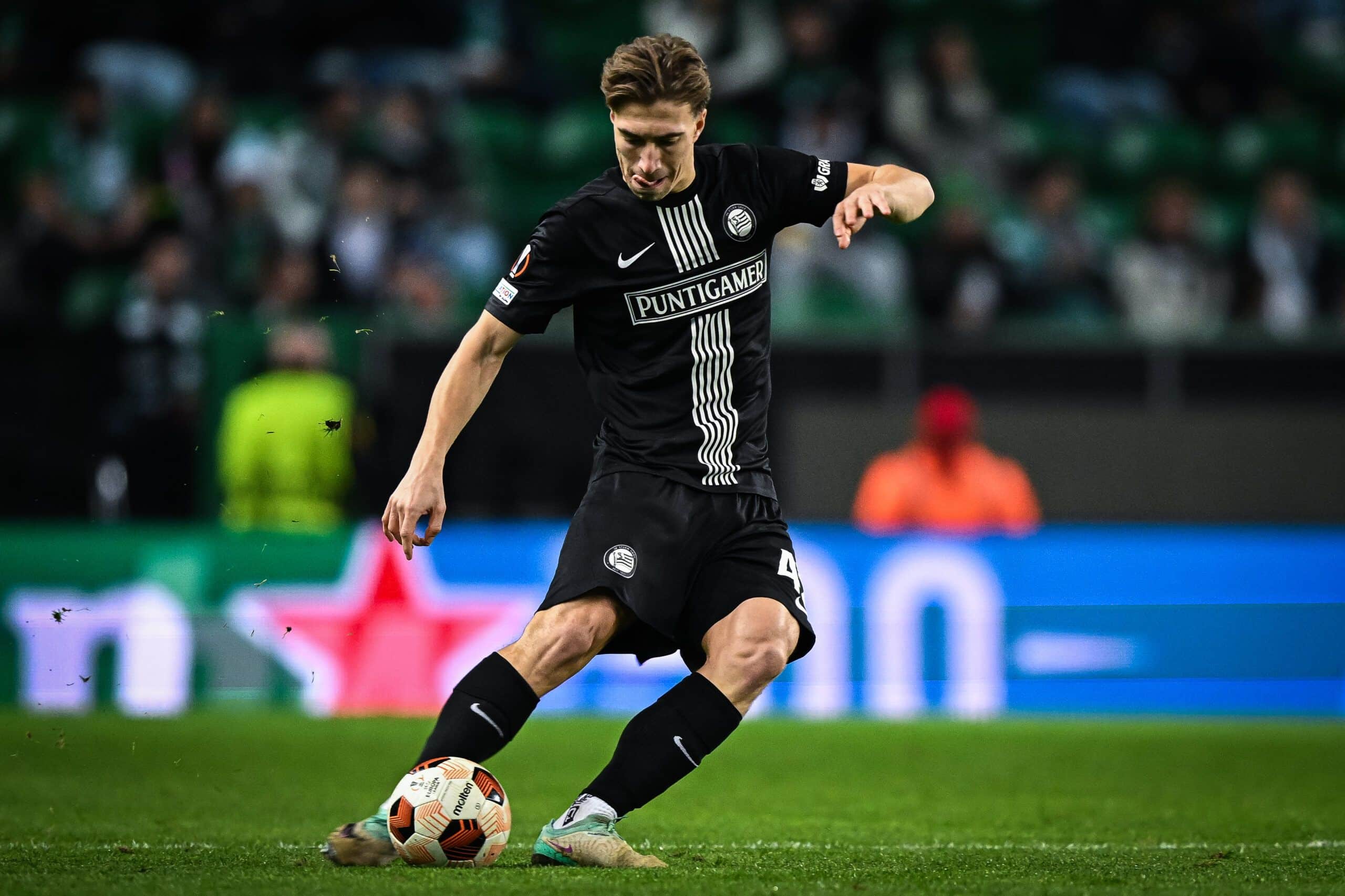 LISBON, PORTUGAL - DECEMBER 14: David Affengruber of SK Sturm Graz in action during the Group D - UEFA Europa League match between Sporting CP and SK Sturm Graz at Estadio Jose Alvalade on December 14, 2023 in Lisbon, Portugal. (Photo by Octavio Passos/Getty Images)