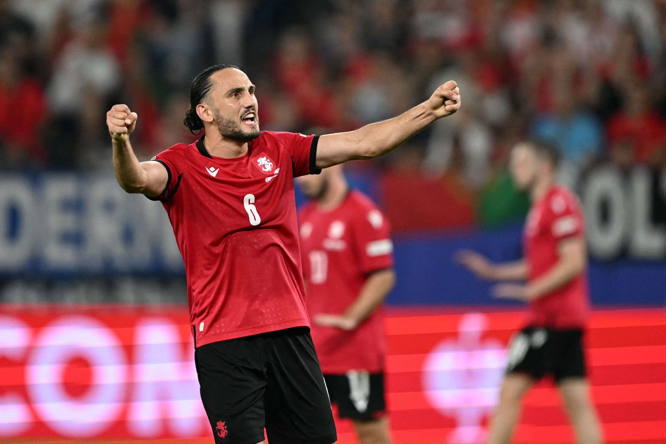 Georgia's midfielder #06 Giorgi Kochorashvili gestures during the UEFA Euro 2024 Group F football match between Georgia and Portugal at the Arena AufSchalke in Gelsenkirchen on June 26, 2024. (Photo by PATRICIA DE MELO MOREIRA / AFP) (Photo by PATRICIA DE MELO MOREIRA/AFP via Getty Images)
