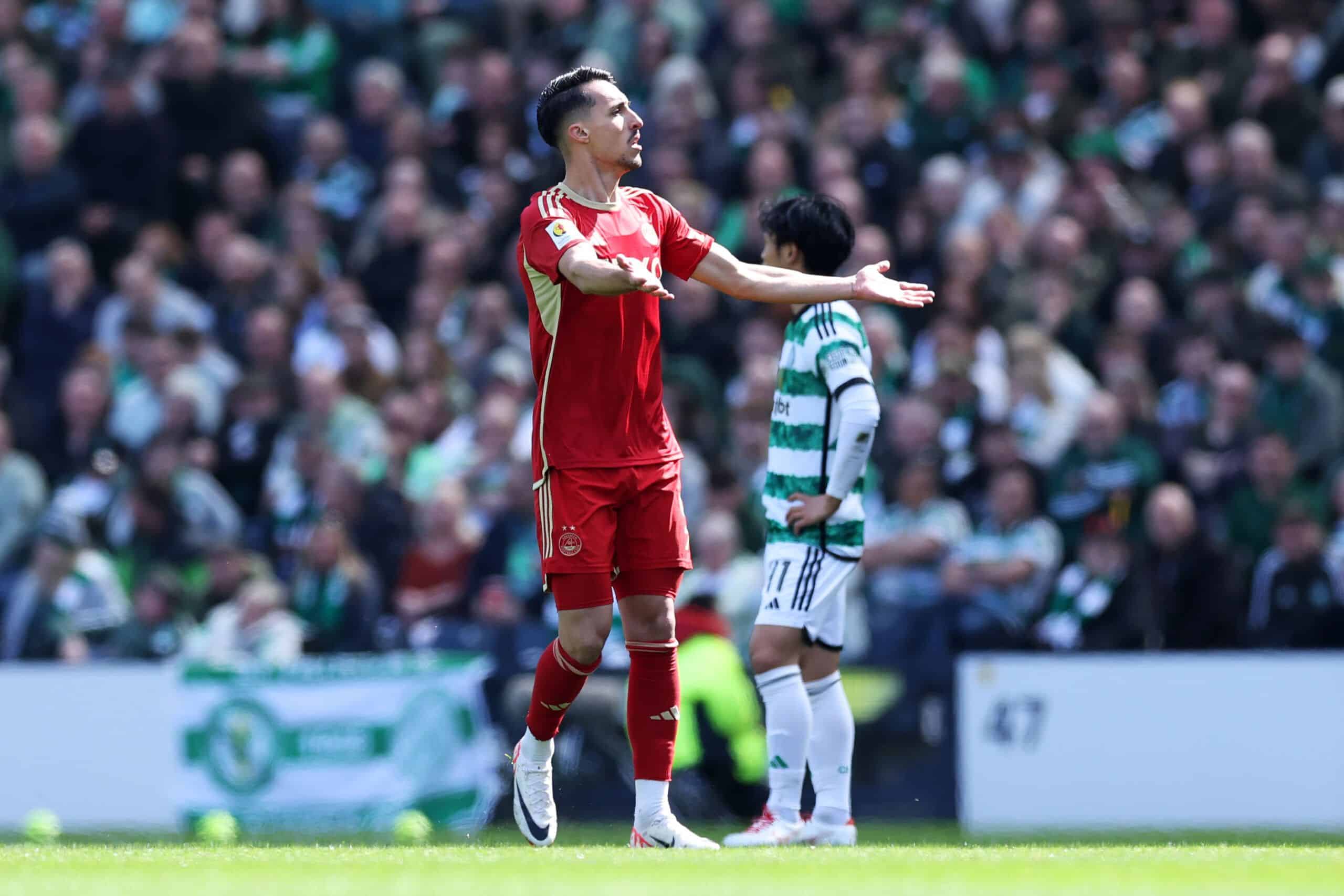 GLASGOW, SCOTLAND - APRIL 20: Bojan Miovski of Aberdeen  celebrates scoring his team's first goal during the Scottish Cup Semi Final match between Aberdeen and Celtic at Hampden Park on April 20, 2024 in Glasgow, Scotland.  (Photo by Ian MacNicol/Getty Images)