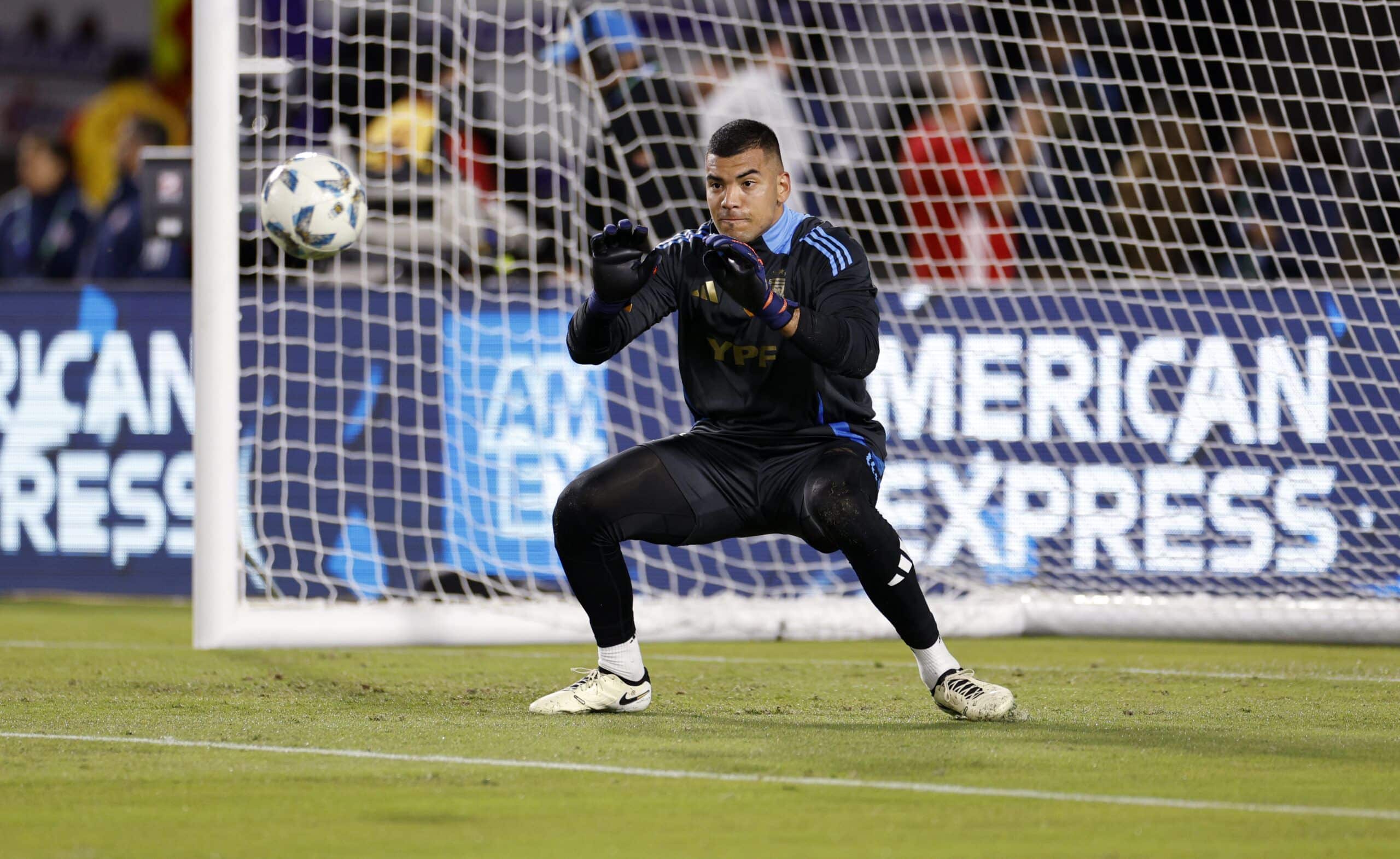LOS ANGELES, CALIFORNIA - MARCH 26: Goalkeeper Walter Benitez #12 of Argentina warms up before a friendly soccer match against Costa Rica at United Airlines Field at the Los Angeles Memorial Coliseum on March 26, 2024 in Los Angeles, California. (Photo by Kevork Djansezian/Getty Images)