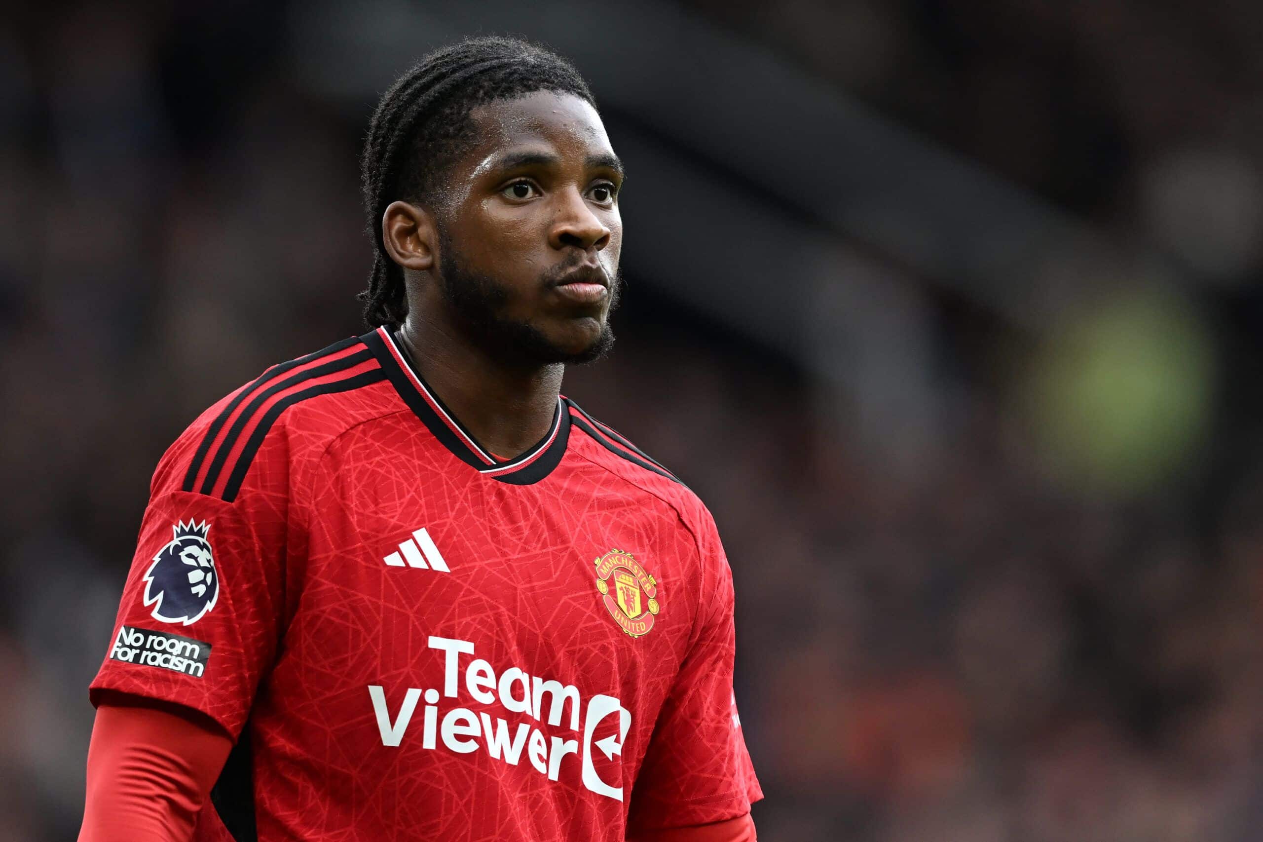 MANCHESTER, ENGLAND - APRIL 07: Willy Kambwala of Manchester United in action during the Premier League match between Manchester United and Liverpool FC at Old Trafford on April 07, 2024 in Manchester, England. (Photo by Michael Regan/Getty Images) (Photo by Michael Regan/Getty Images)