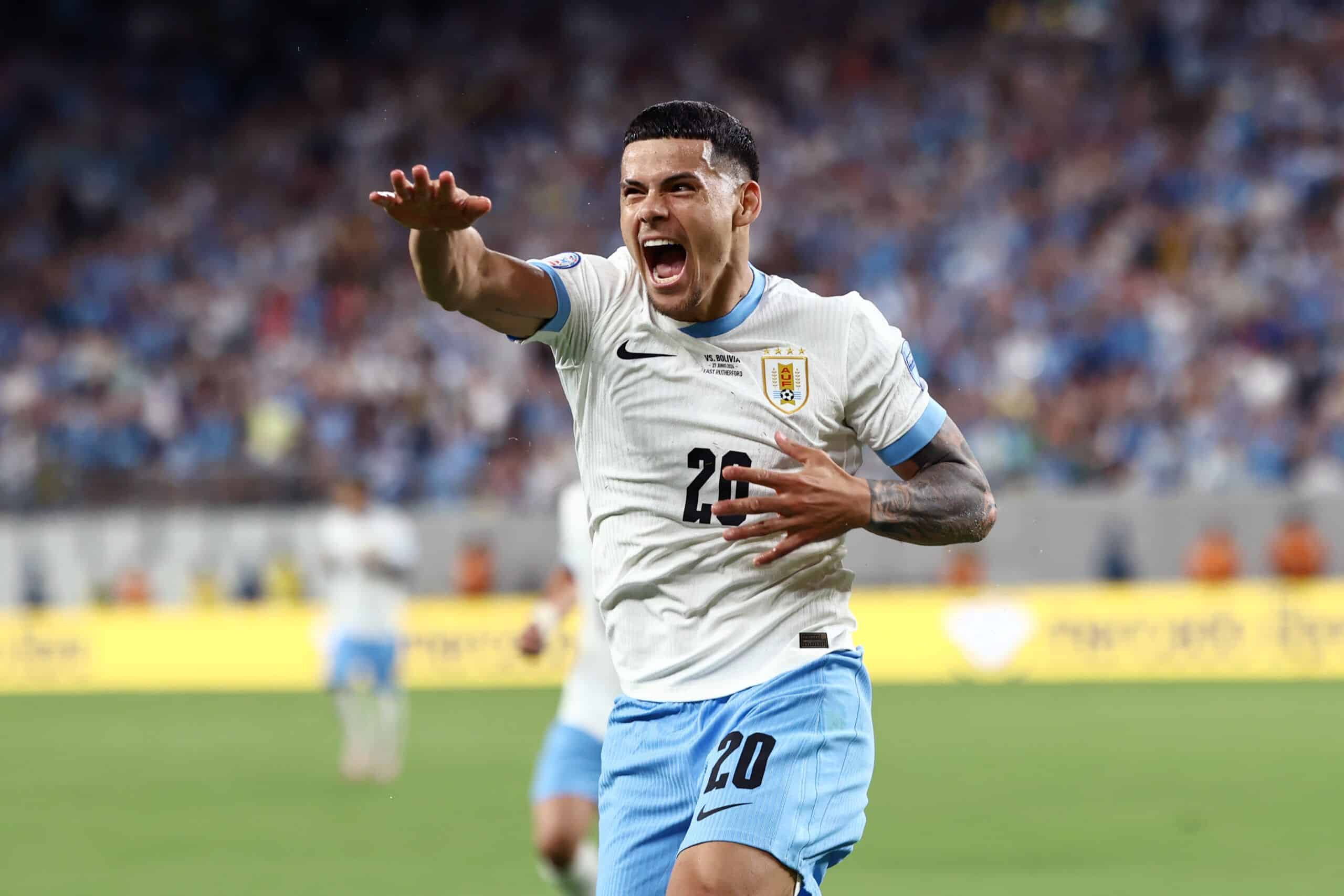 EAST RUTHERFORD, NEW JERSEY - JUNE 27: Maximiliano Araujo of Uruguay celebrates after scoring the team's third goal during the CONMEBOL Copa America 2024 Group C match between Uruguay and Bolivia at MetLife Stadium on June 27, 2024 in East Rutherford, New Jersey. (Photo by Tim Nwachukwu/Getty Images)
