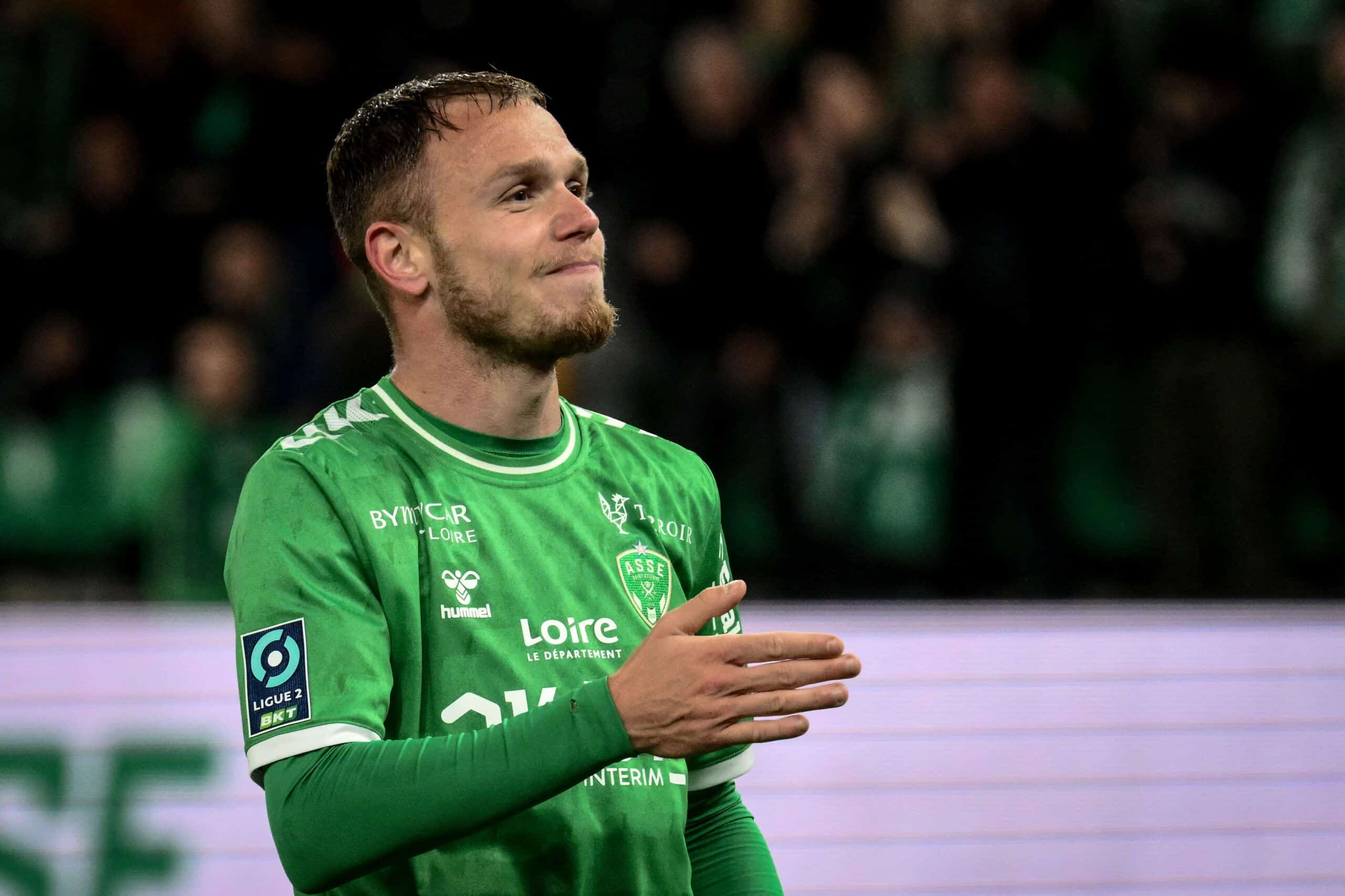 Saint-Etienne's French forward #11 Irvin Cardona celebrates after scoring his team's first goal during the French L2 play-off football match between AS Saint-Etienne and Rodez AF at The Geoffroy Guichard Stadium in Saint-Etienne, central-eastern France, on May 24, 2024. (Photo by JEAN-PHILIPPE KSIAZEK / AFP) (Photo by JEAN-PHILIPPE KSIAZEK/AFP via Getty Images)