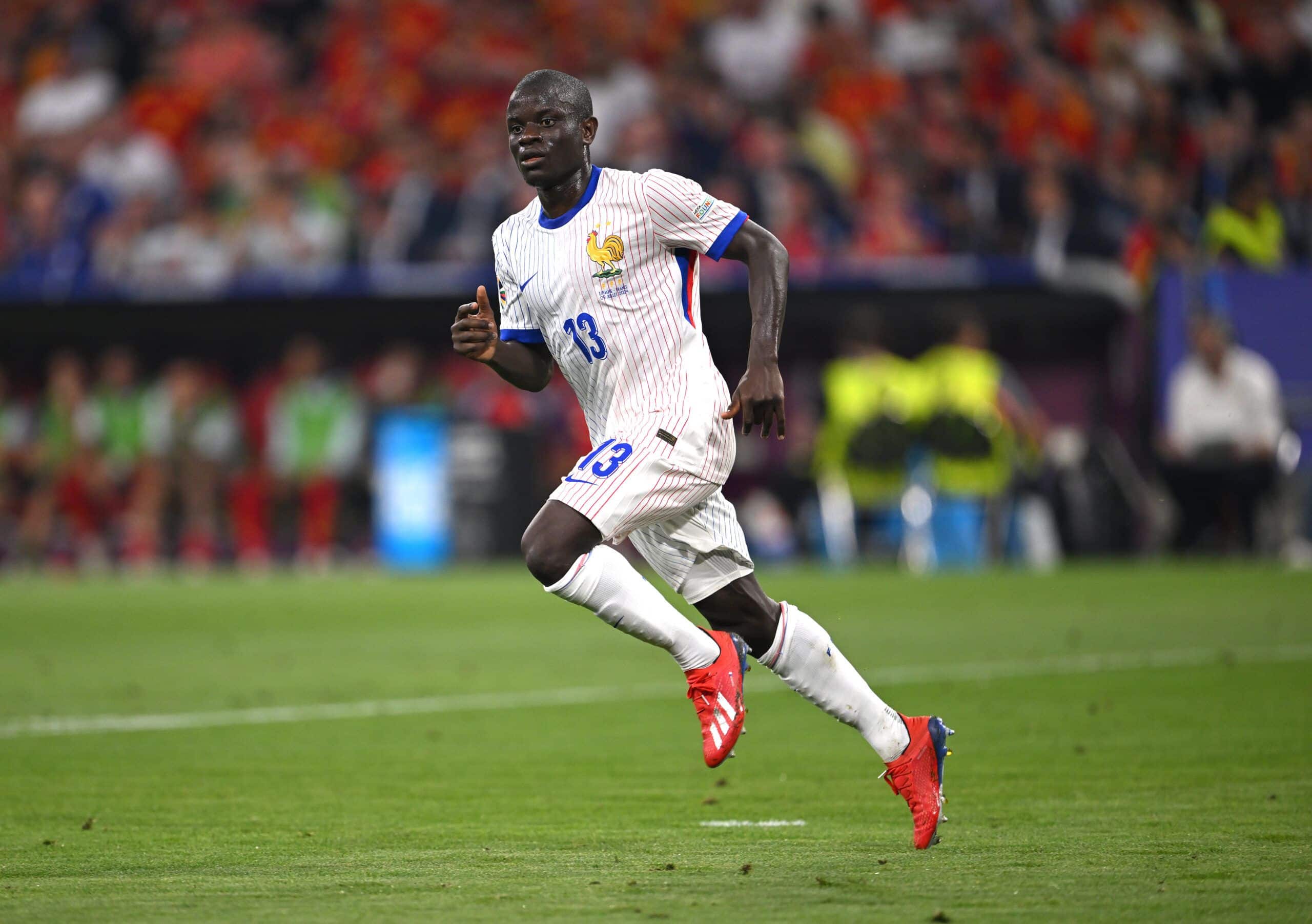 MUNICH, GERMANY - JULY 09: N'Golo Kante of France in action during the UEFA EURO 2024 semi-final match between Spain v France at Munich Football Arena on July 09, 2024 in Munich, Germany. (Photo by Stu Forster/Getty Images)