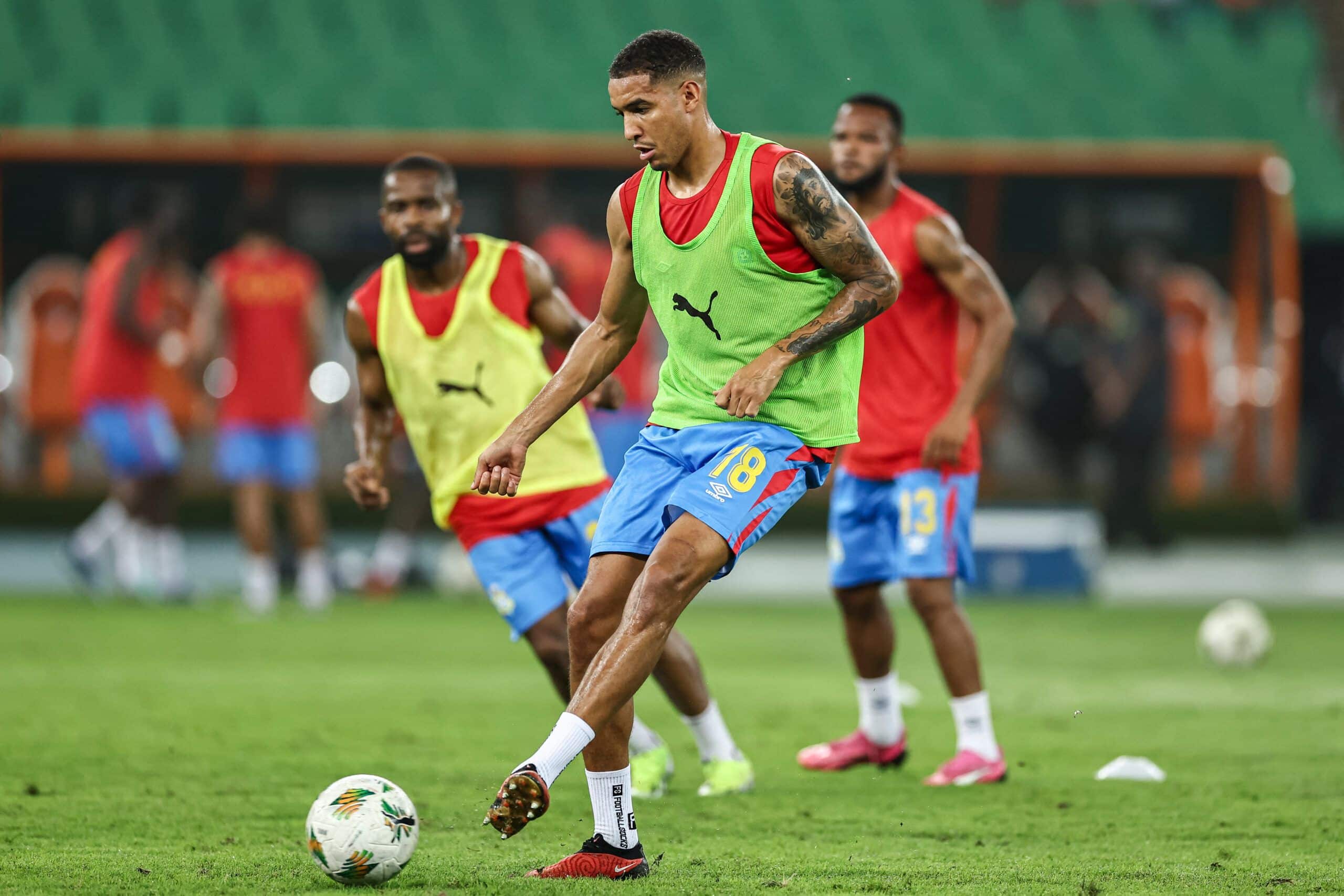 DR Congo's midfielder #18 Charles Pickel controls the ball as he warms up ahead of the Africa Cup of Nations (CAN) 2024 semi-final football match between Ivory Coast and Democratic Repuplic of Congo at Alassane Ouattara Olympic Stadium in Ebimpe, Abidjan on February 7, 2024. (Photo by FRANCK FIFE / AFP) (Photo by FRANCK FIFE/AFP via Getty Images)