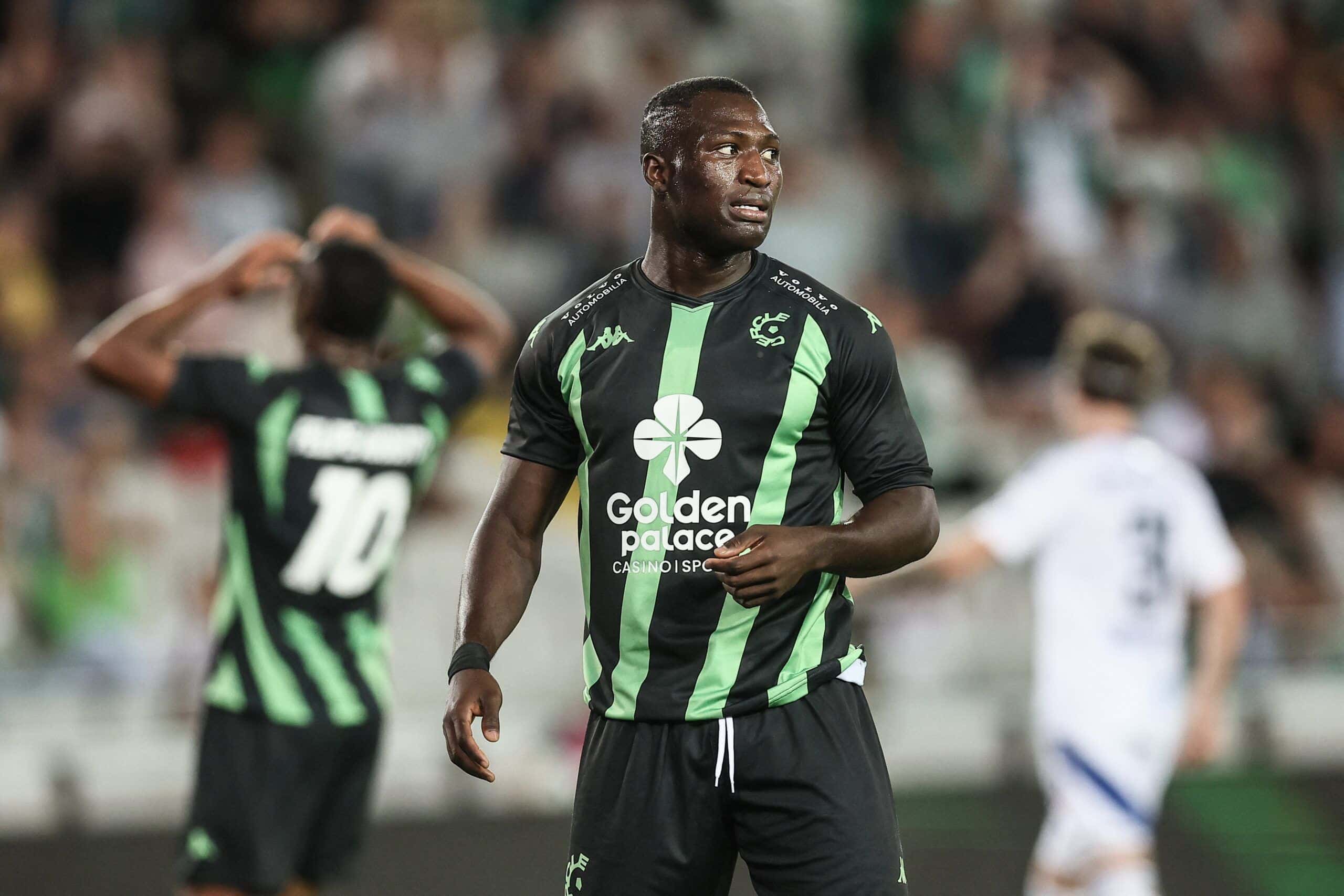 Cercle's French forward #09 Kevin Denkey (C) reacts during the UEFA Europa League 3rd Qualifying Round second leg football match between Cercle Brugge and Molde FK at the Jan Breydel Stadium, in Bruges, on August 15, 2024. (Photo by BRUNO FAHY / Belga / AFP) / Belgium OUT (Photo by BRUNO FAHY/Belga/AFP via Getty Images)
