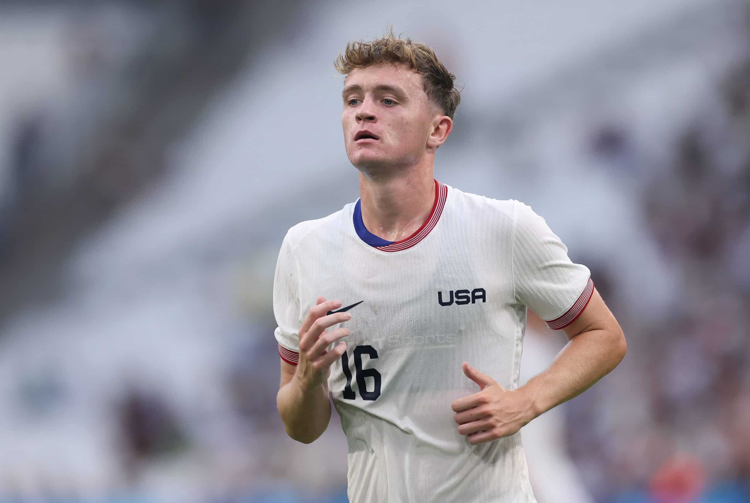 MARSEILLE, FRANCE - JULY 27: Jack McGlynn #16 of Team United States during the Men's group A match between New Zealand and United States during the Olympic Games Paris 2024 at Stade de Marseille on July 27, 2024 in Marseille, France. (Photo by Alex Livesey/Getty Images)