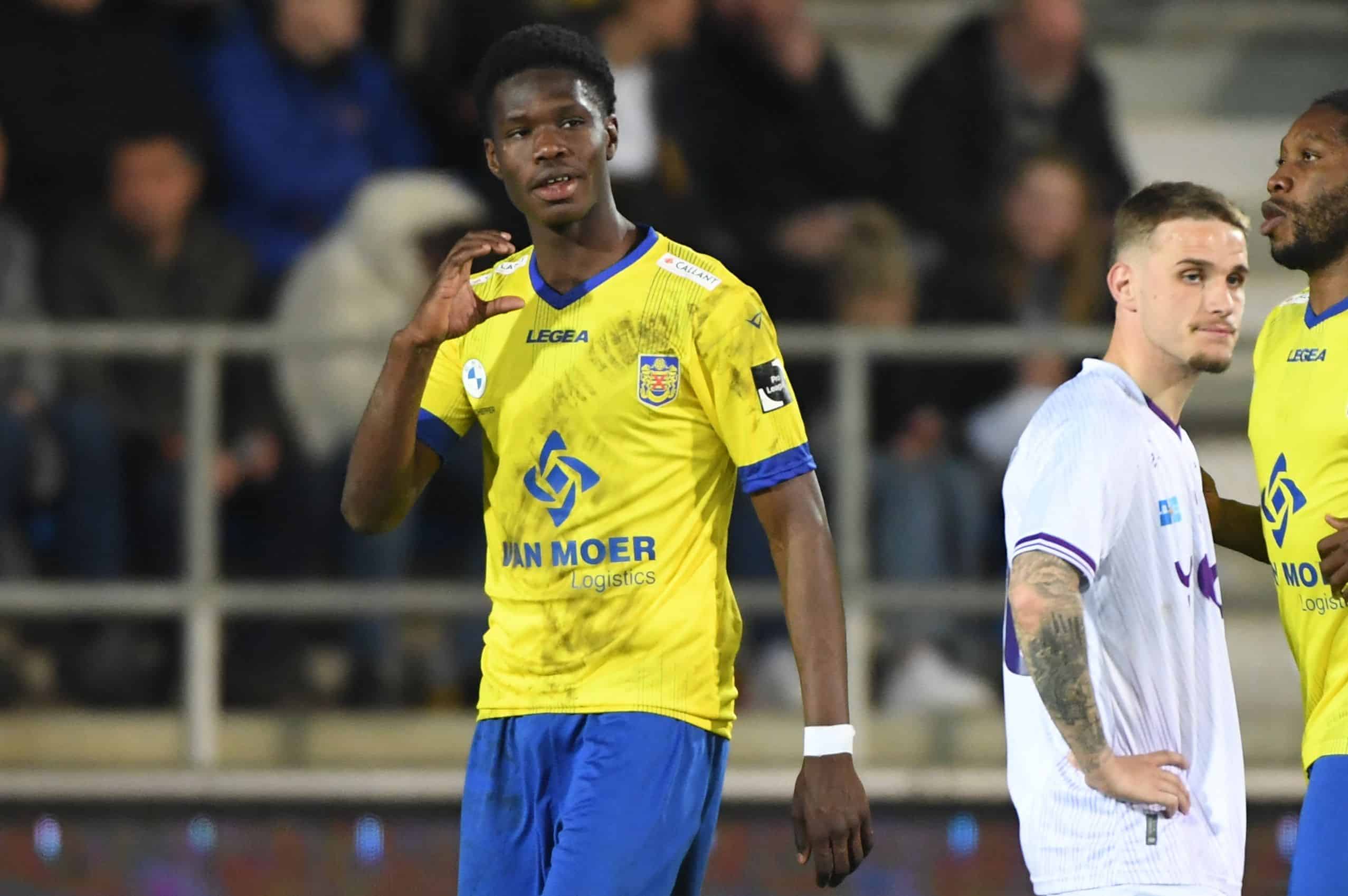 Beveren's Thierno Barry celebrates after scoring during a soccer match between SK Beveren and Beerschot VA, Saturday 22 April 2023 in Beveren-Waas, on day 8 of the Promotion Play-offs during the 2022-2023 'Challenger Pro League' 1B second division of the Belgian championship. BELGA PHOTO JILL DELSAUX (Photo by JILL DELSAUX / BELGA MAG / Belga via AFP) (Photo by JILL DELSAUX/BELGA MAG/AFP via Getty Images)