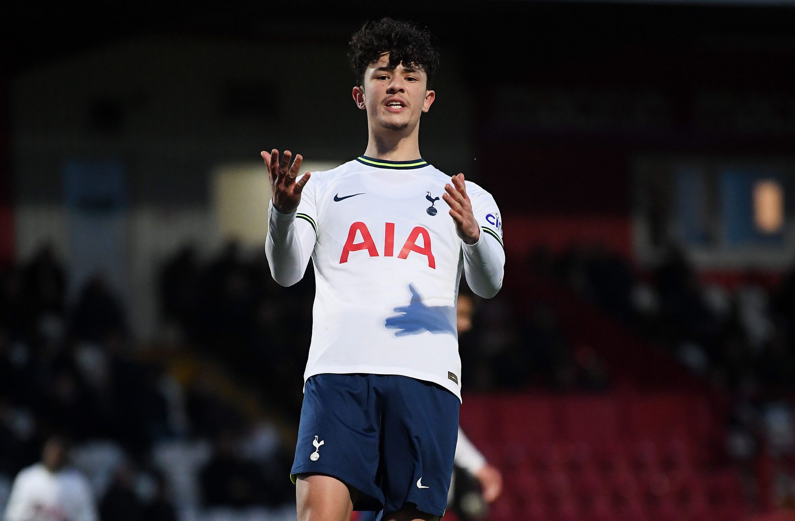 STEVENAGE, ENGLAND - APRIL 03: Jude Soonsup-Bell of Tottenham Hotspur reacts during the Premier League 2 match between Tottenham Hotspur U21 v Manchester City U21 at The Lamex Stadium on April 03, 2023 in Stevenage, England. (Photo by Alex Davidson/Getty Images)