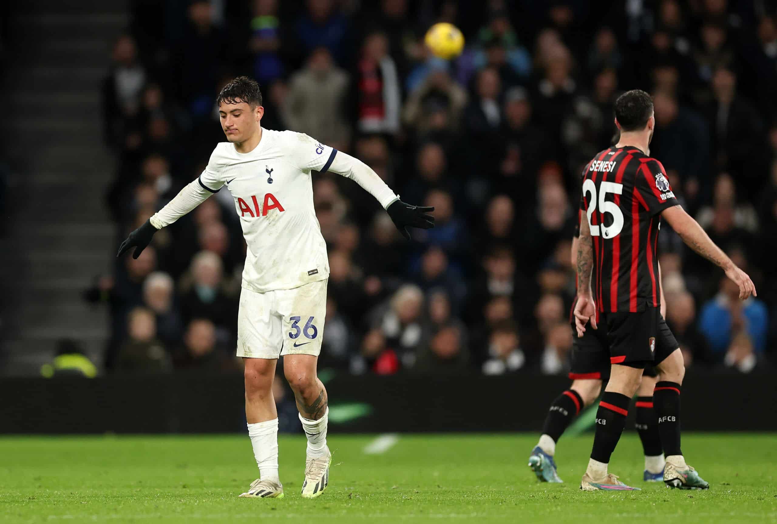 LONDON, ENGLAND - DECEMBER 31: Alejo Veliz of Tottenham Hotspur reacts during the Premier League match between Tottenham Hotspur and AFC Bournemouth at Tottenham Hotspur Stadium on December 31, 2023 in London, England. (Photo by Julian Finney/Getty Images)