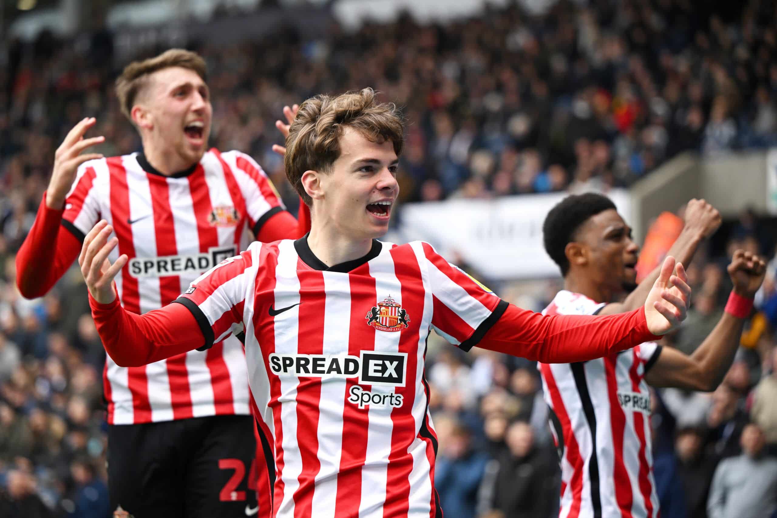 WEST BROMWICH, ENGLAND - APRIL 23: Edouard Michut of Sunderland celebrates their side's second goal scored by Dennis Cirkin of Sunderland during the Sky Bet Championship between West Bromwich Albion and Sunderland at The Hawthorns on April 23, 2023 in West Bromwich, England. (Photo by Clive Mason/Getty Images)