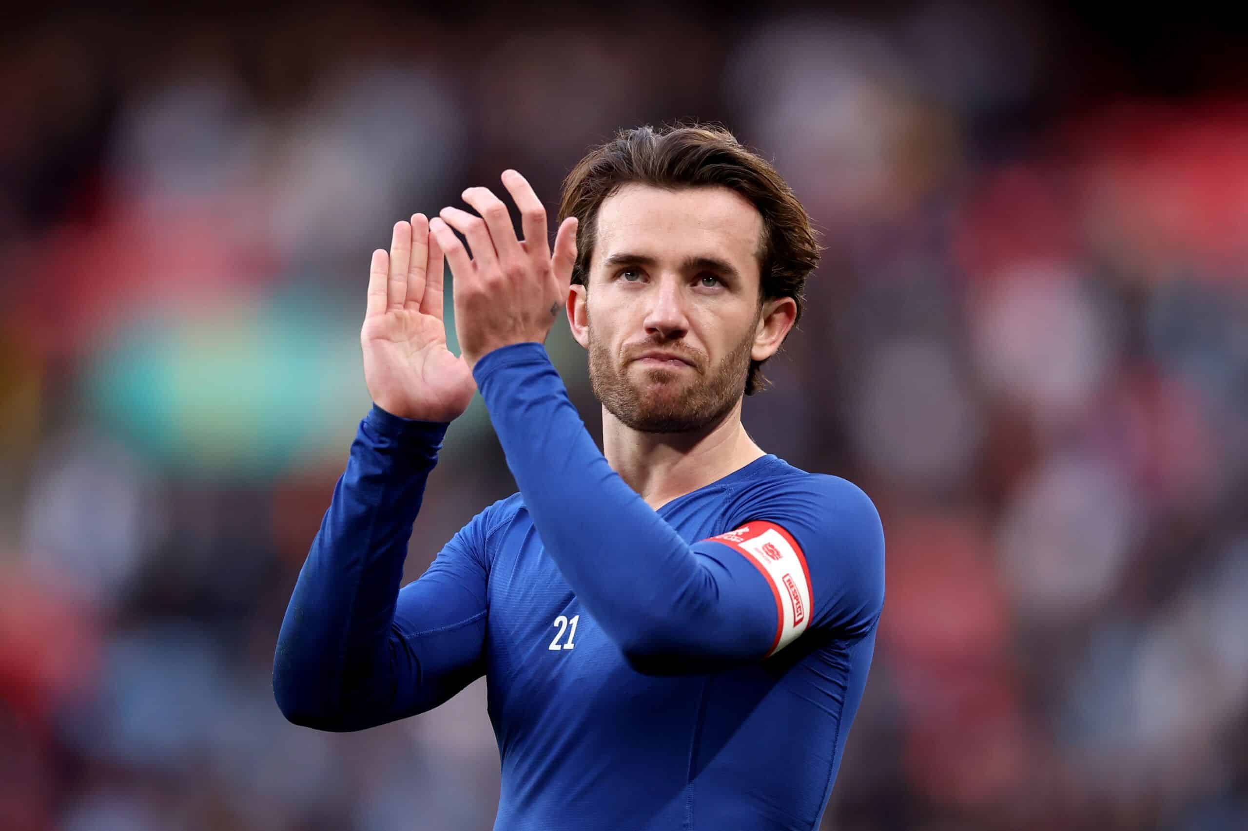 LONDON, ENGLAND - APRIL 20: Ben Chilwell of Chelsea applauds the fans after the team's defeat during the Emirates FA Cup Semi Final match between Manchester City and Chelsea at Wembley Stadium on April 20, 2024 in London, England. (Photo by Julian Finney/Getty Images)