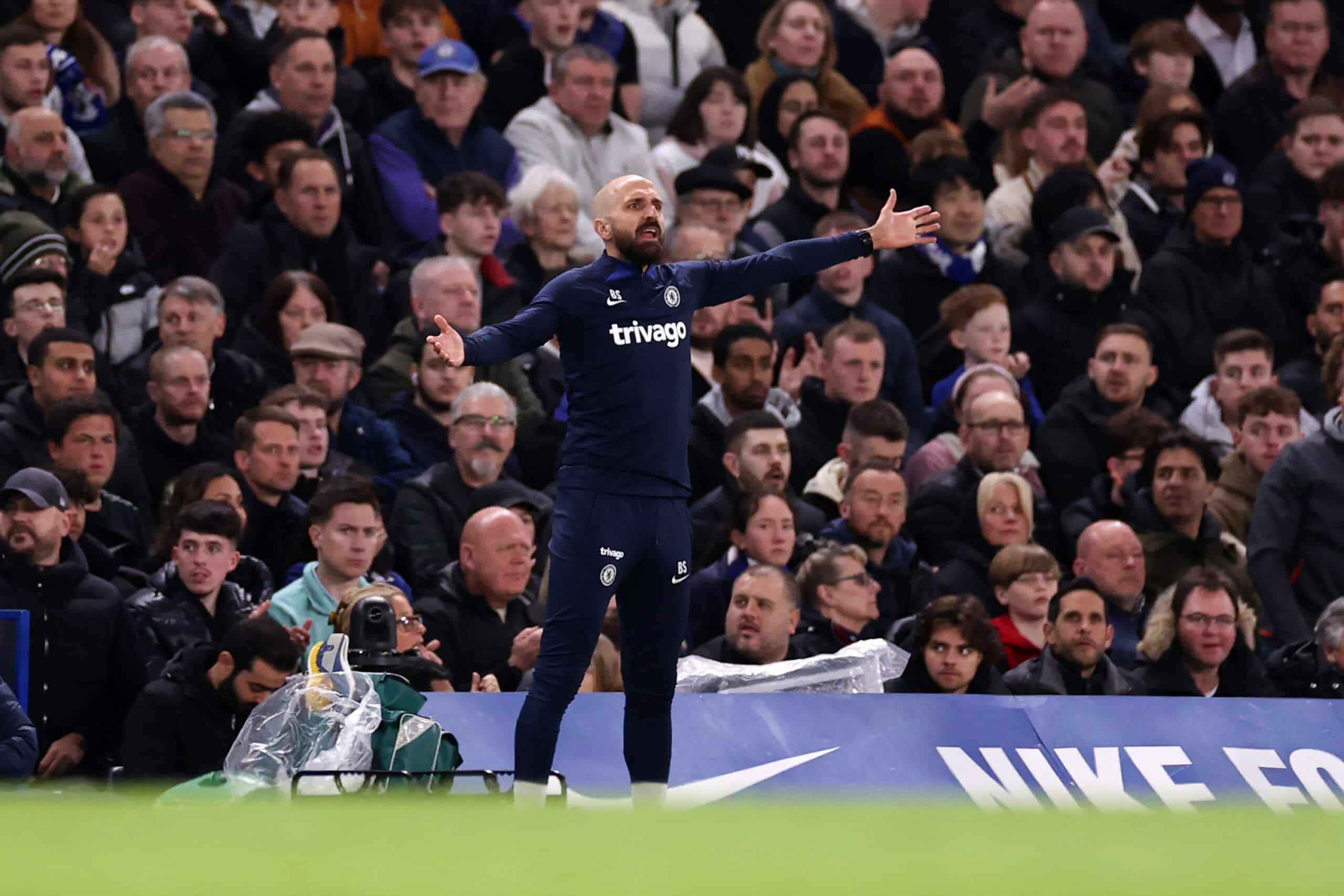 LONDON, ENGLAND - APRIL 04: Bruno Saltor, Interim Manager of Chelsea, reacts during the Premier League match between Chelsea FC and Liverpool FC at Stamford Bridge on April 04, 2023 in London, England. (Photo by Ryan Pierse/Getty Images)