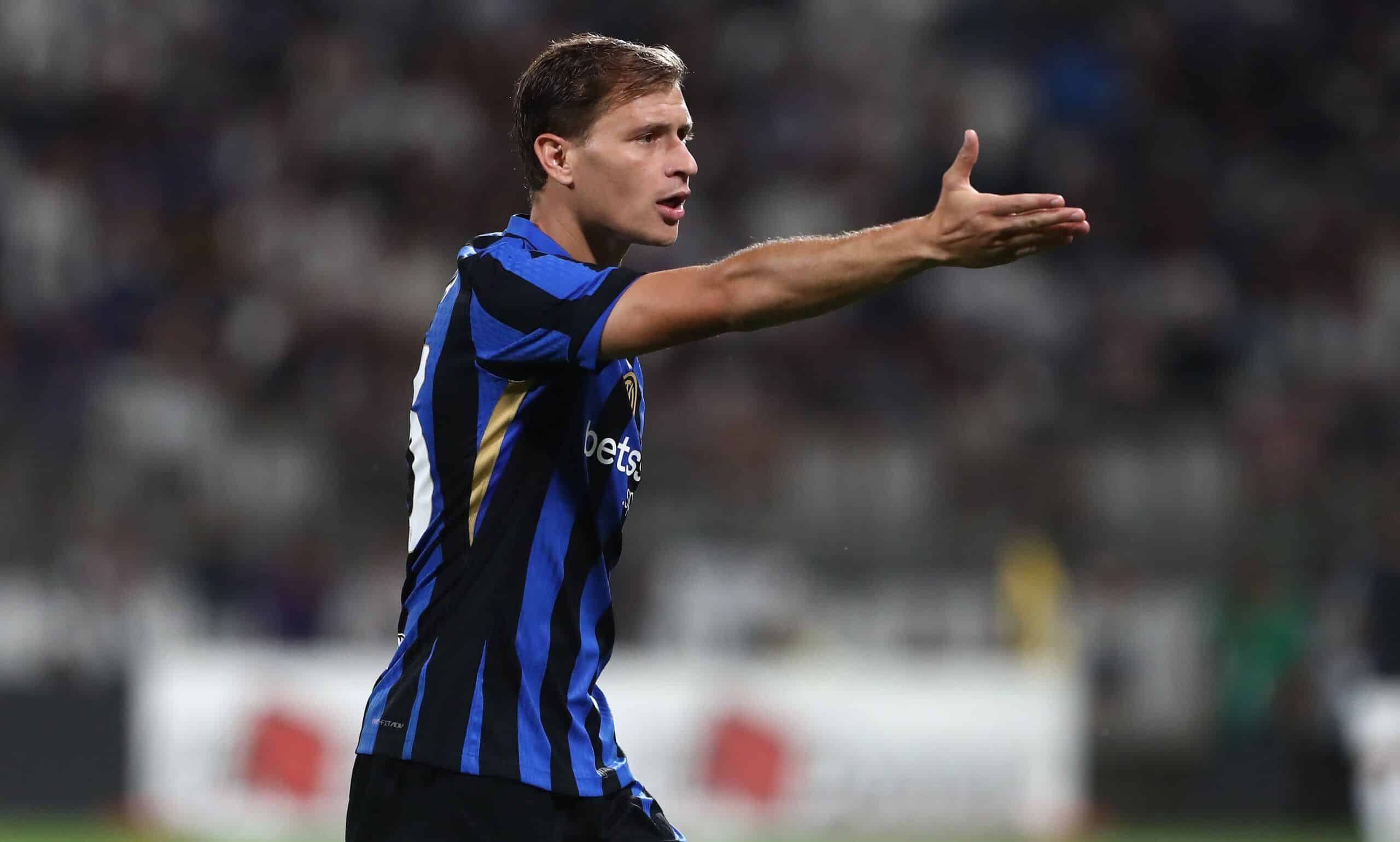 MONZA, ITALY - AUGUST 07: Nicolo’ Barella of FC Internazionale gestures during the pre-season friendly match between FC Internazionale and Al Ithihad at Stadio Brianteo on August 07, 2024 in Monza, Italy. (Photo by Marco Luzzani/Getty Images)