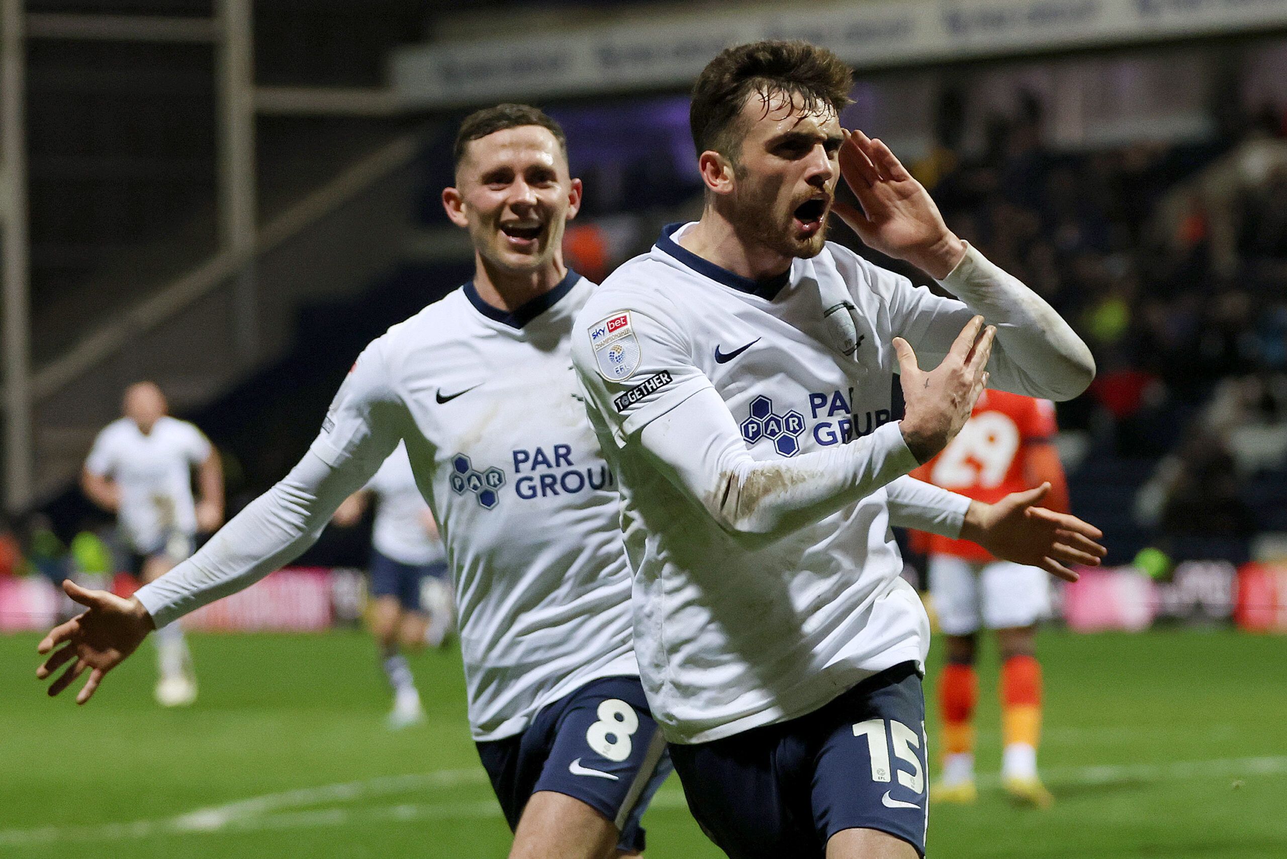PRESTON, ENGLAND - FEBRUARY 15: Troy Parrott of Preston North End celebrates after scoring their sides first goal from the penalty spot during the Sky Bet Championship between Preston North End and Luton Town at Deepdale on February 15, 2023 in Preston, England. (Photo by Clive Brunskill/Getty Images)