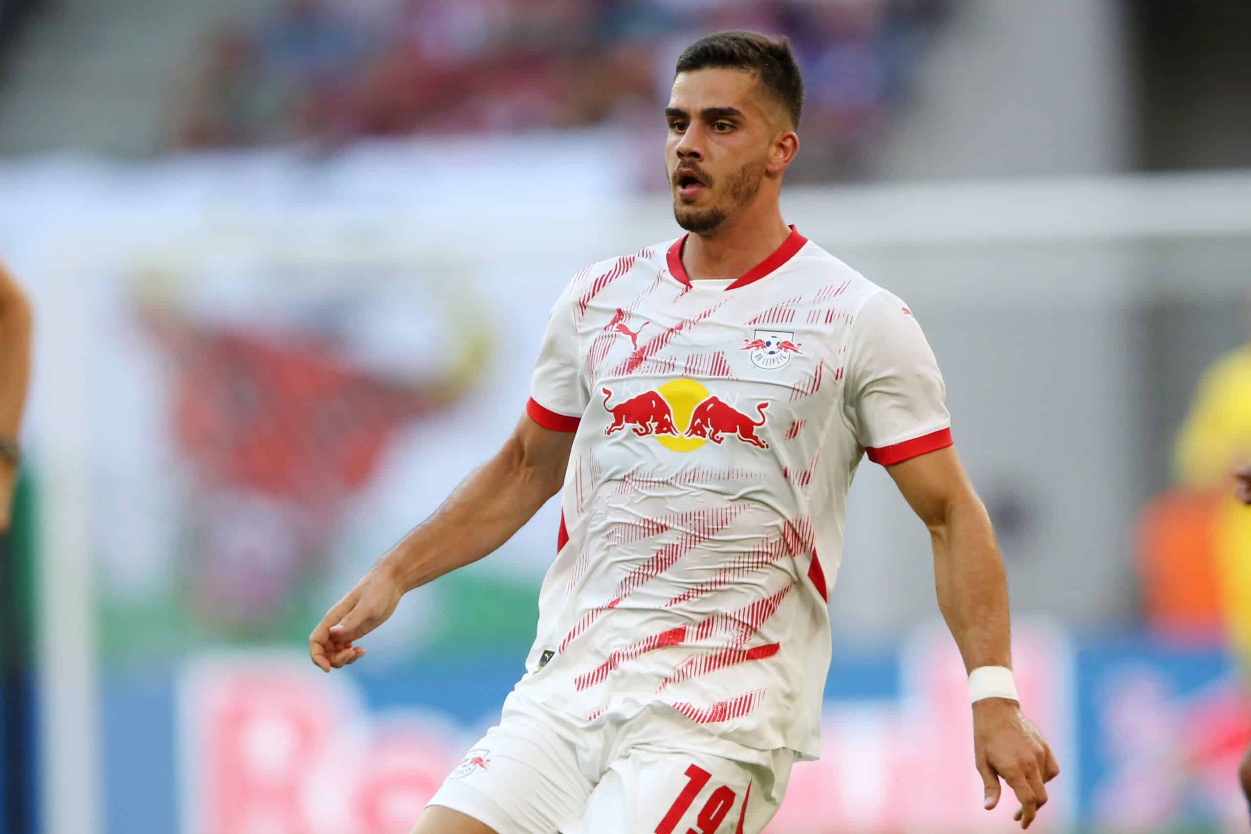 LEIPZIG, GERMANY - AUGUST 10: Andre Silva of RB Leipzig looks on during the pre-season friendly match between RB Leipzig and Paris Saint-Germain at Red Bull Arena on August 10, 2024 in Leipzig, Germany. (Photo by Maryam Majd/Getty Images)