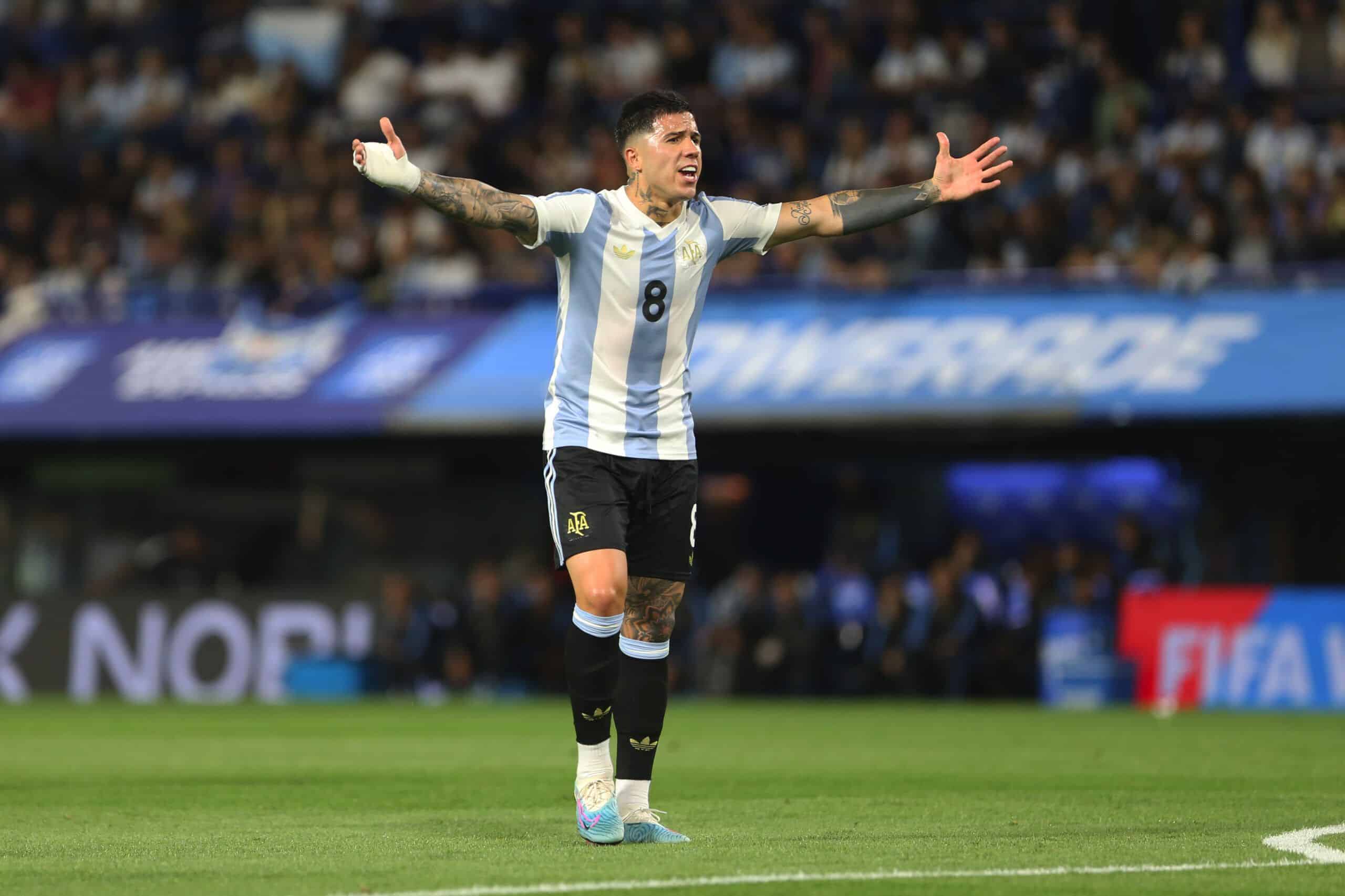 BUENOS AIRES, ARGENTINA - NOVEMBER 19: Enzo Fernández of Argentina reacts during the South American FIFA World Cup 2026 Qualifier match between Argentina and Peru at Estadio Alberto J. Armando on November 19, 2024 in Buenos Aires, Argentina. (Photo by Daniel Jayo/Getty Images)
