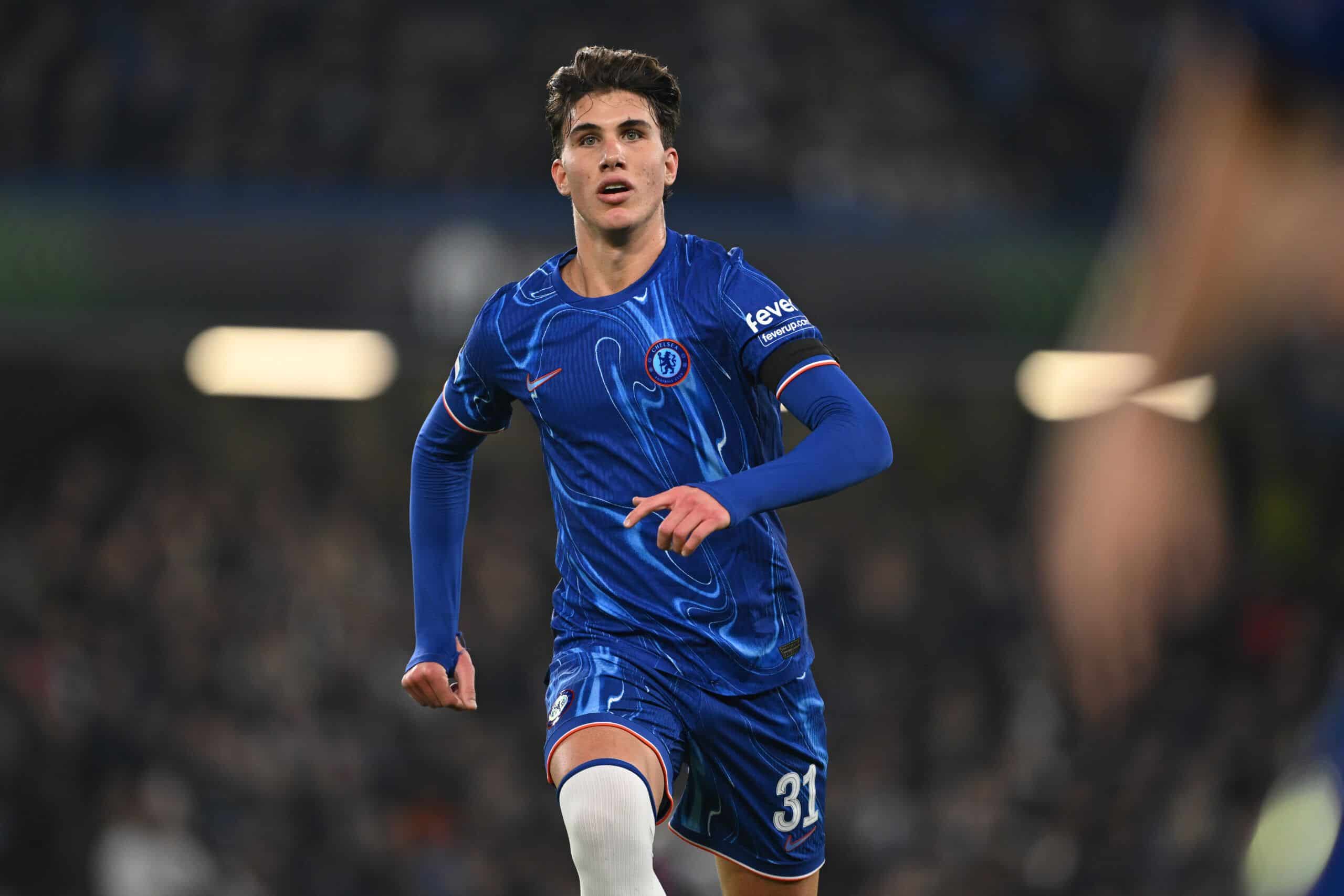 LONDON, ENGLAND - NOVEMBER 07: Cesare Casadei of Chelsea in action during the UEFA Conference League match between Chelsea FC and FC Noah at Stamford Bridge on November 7, 2024 in London, England. (Photo by Mike Hewitt/Getty Images)