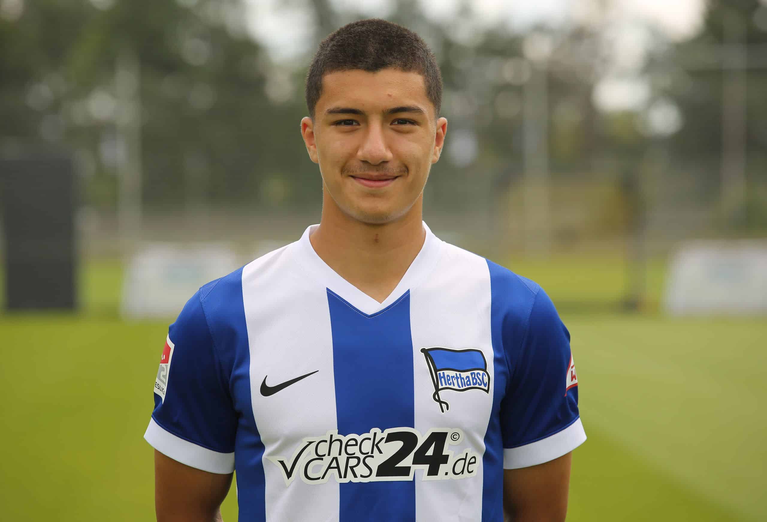 BERLIN, GERMANY - JULY 11:  Ibrahim Maza of Hertha BSC poses during the team presentation at Schenckendorfplatz on July 11, 2024 in Berlin, Germany. (Photo by Matthias Kern/Getty Images)