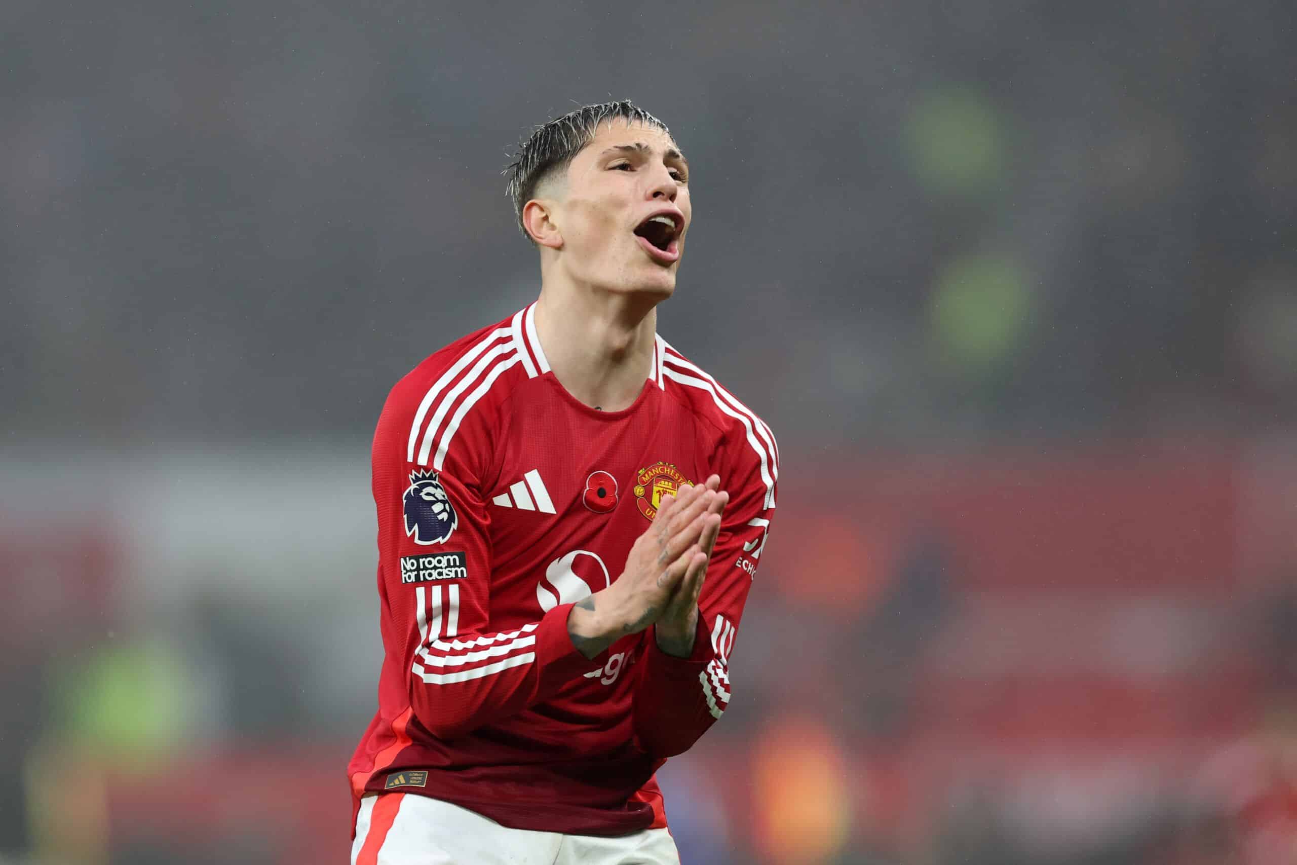 MANCHESTER, ENGLAND - NOVEMBER 10: Alejandro Garnacho of Manchester United reacts during the Premier League match between Manchester United FC and Leicester City FC at Old Trafford on November 10, 2024 in Manchester, England. (Photo by Carl Recine/Getty Images)