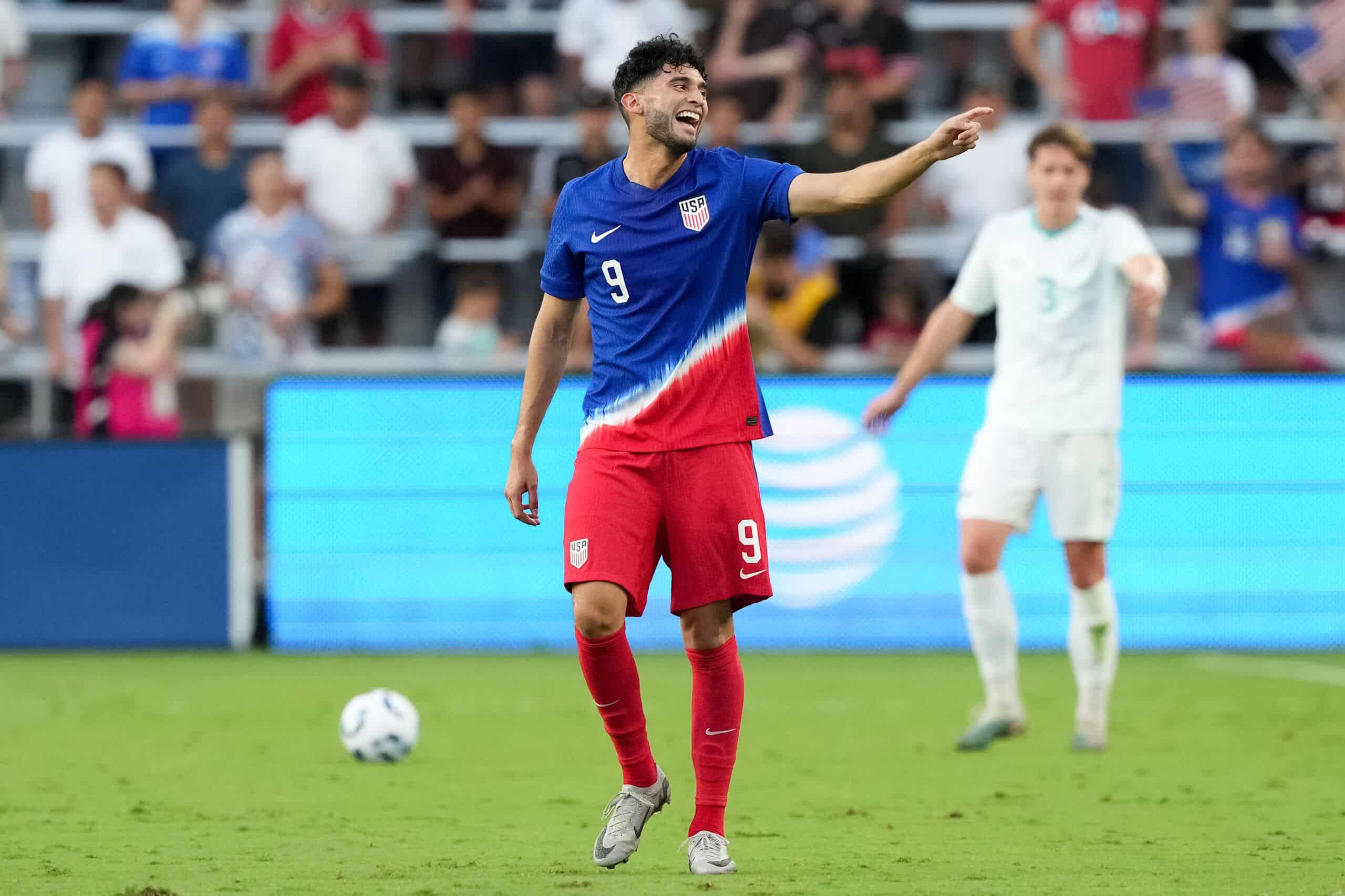 CINCINNATI, OHIO - SEPTEMBER 10: Ricardo Pepi #9 of the United States reacts in the first half against New Zealand during an international friendly match at TQL Stadium on September 10, 2024 in Cincinnati, Ohio. (Photo by Dylan Buell/Getty Images)