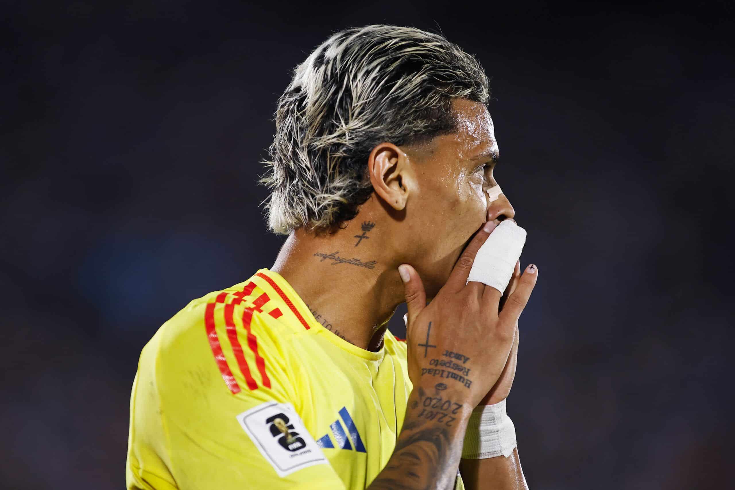 MONTEVIDEO, URUGUAY - NOVEMBER 15: Richard Rios of Colombia reacts during the South American Qualifier match between Uruguay and Colombia at Centenario Stadium on November 15, 2024 in Montevideo, Uruguay.  (Photo by Ernesto Ryan/Getty Images)