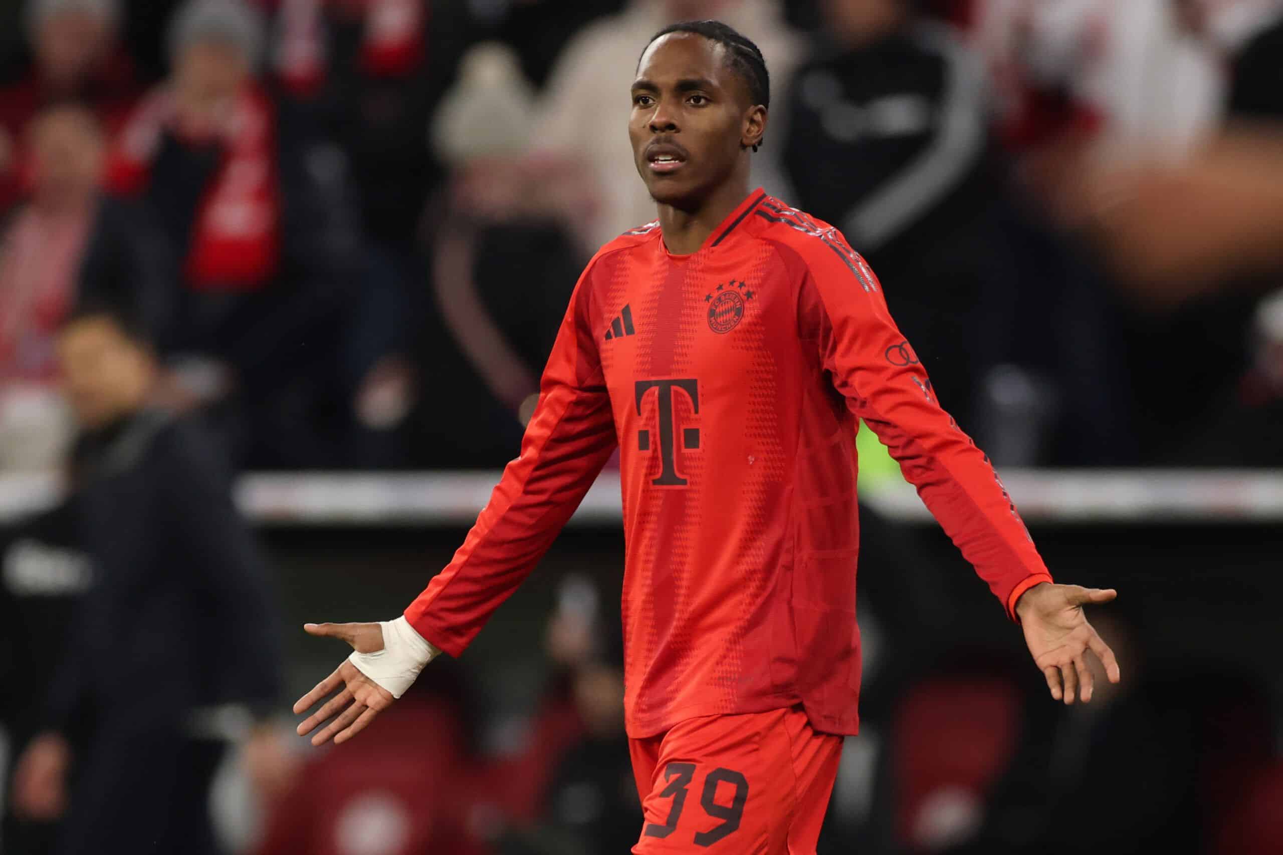 MUNICH, GERMANY - DECEMBER 03: Mathys Tel of Bayern Muenchen reacts during the DFB Cup round of 16 match between FC Bayern München and Bayer 04 Leverkusen at Allianz Arena on December 03, 2024 in Munich, Germany. (Photo by Alex Grimm/Getty Images)