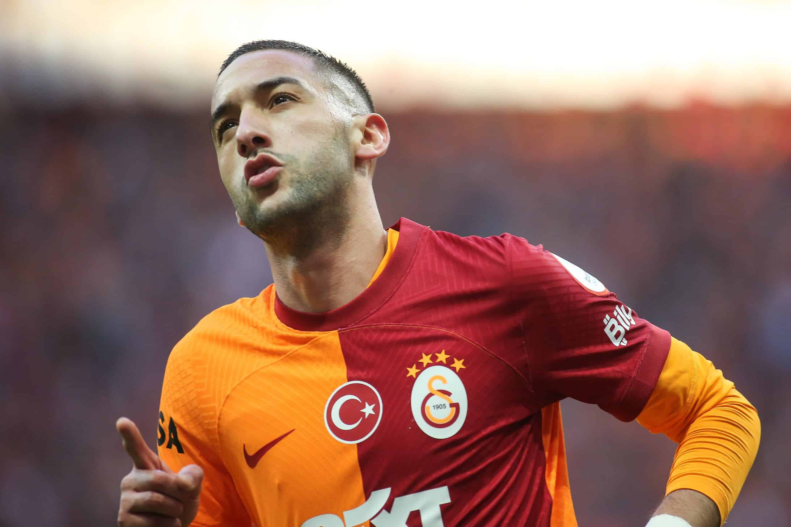 ISTANBUL, TURKEY - MAY 05: Hakim Ziyech of Galatasaray celebrates after scoring his team's first goal during the Turkish Super League match between Galatasaray and Sivasspor at Rams Park Stadium on May 5, 2024 in Istanbul, Turkey. (Photo by Ahmad Mora/Getty Images)