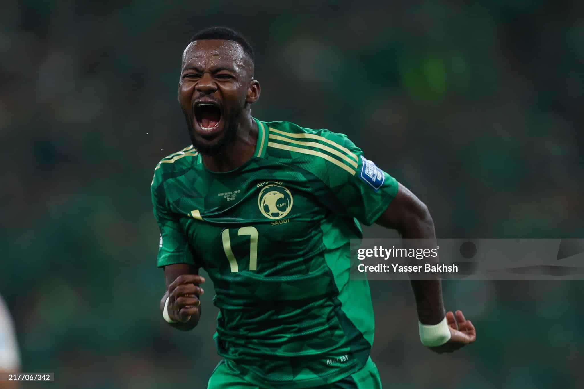 JEDDAH, SAUDI ARABIA - OCTOBER 10: Hassan Altambakti of Saudi Arabia reacts during the FIFA World Cup Asian 3rd Qualifier Group C match between Saudi Arabia and Japan at King Abduallah Sport City Stadium on October 10, 2024 in Jeddah, Saudi Arabia. (Photo by Yasser Bakhsh/Getty Images)