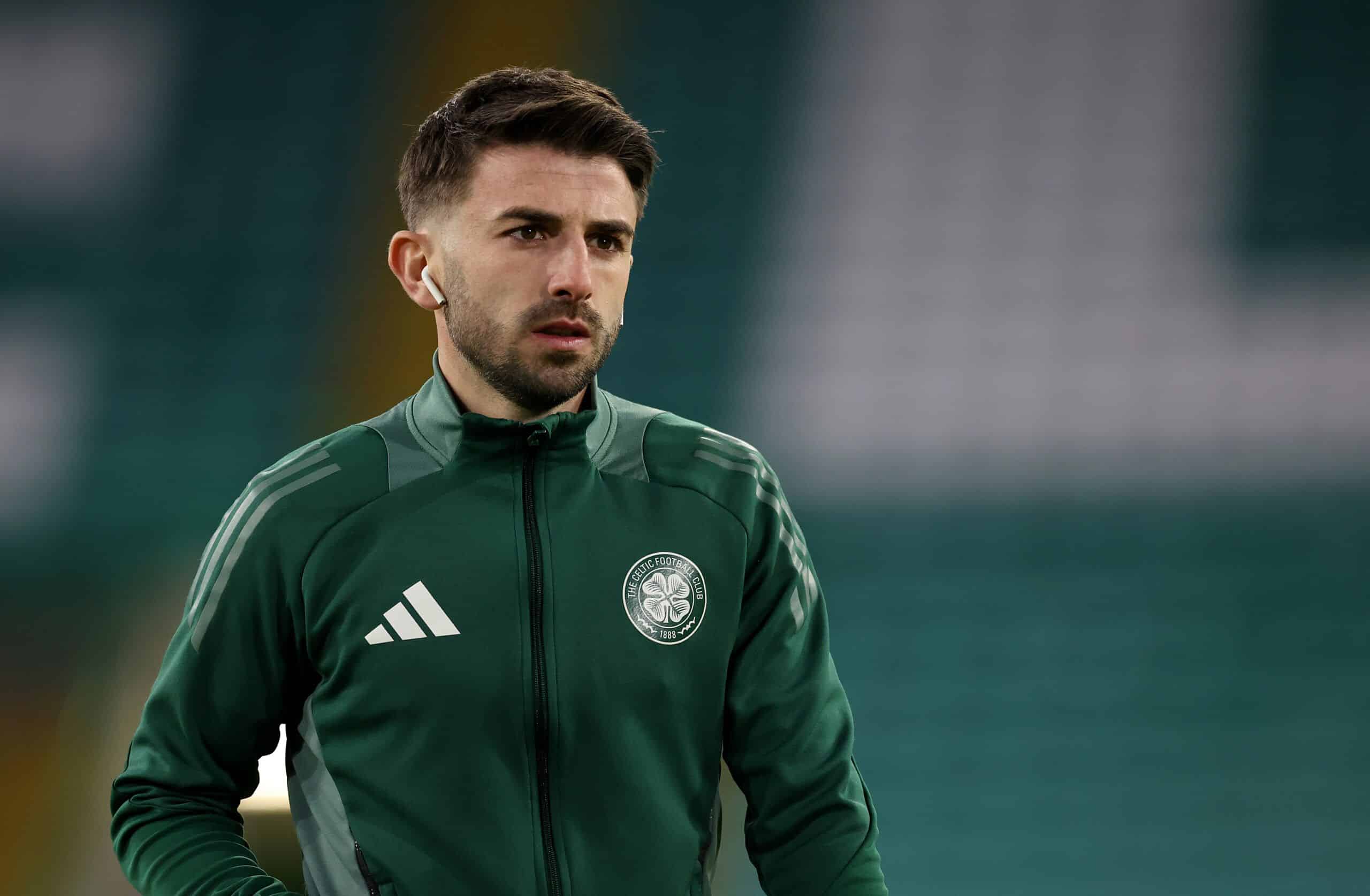 GLASGOW, SCOTLAND - JANUARY 08: Greg Taylor of Celtic looks on as he inspects the pitch prior to the William Hill Premiership match between Celtic FC and Dundee United at Celtic Park on January 08, 2025 in Glasgow, Scotland. (Photo by Ian MacNicol/Getty Images)