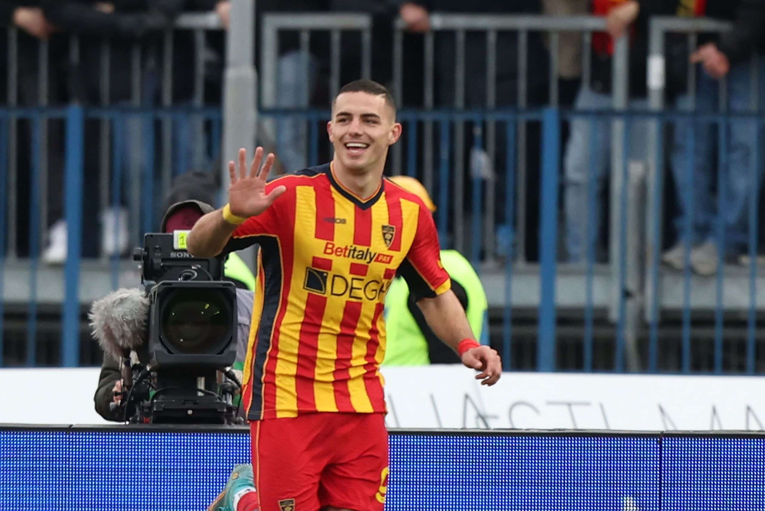 EMPOLI, ITALY - JANUARY 11: Nikola Krstovic of US Lecce celebrates after scoring a goal during the Serie A match between Empoli and Lecce at Stadio Carlo Castellani on January 11, 2025 in Empoli, Italy. (Photo by Gabriele Maltinti/Getty Images)