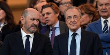 Rafael Louzán, presidente de la RFEF, junto a Florentino Pérez, presidente del Real Madrid. (Photo by Angel Martinez/Getty Images)