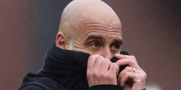 Guardiola, durante el encuentro de FA Cup del Manchester City. (Photo by Richard Pelham/Getty Images)