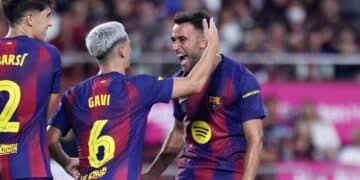 Eric García celebra su gol ante el Vissel Kobe.