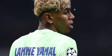 Lamine Yamal, en un partido del Barcelona en Champions League.