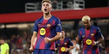 Fermín López celebra un gol en el Joan Gamper.
