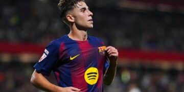 Fermín López celebra su gol con el Barcelona.