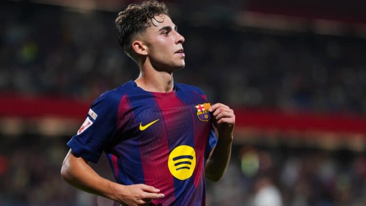 Fermín López celebra su gol con el Barcelona.