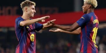 Fermín López y Lamine Yamal, con el Barcelona.