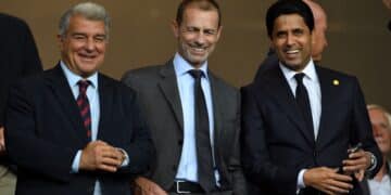 Joan Laporta, Ceferin y Al-Khelaifi.