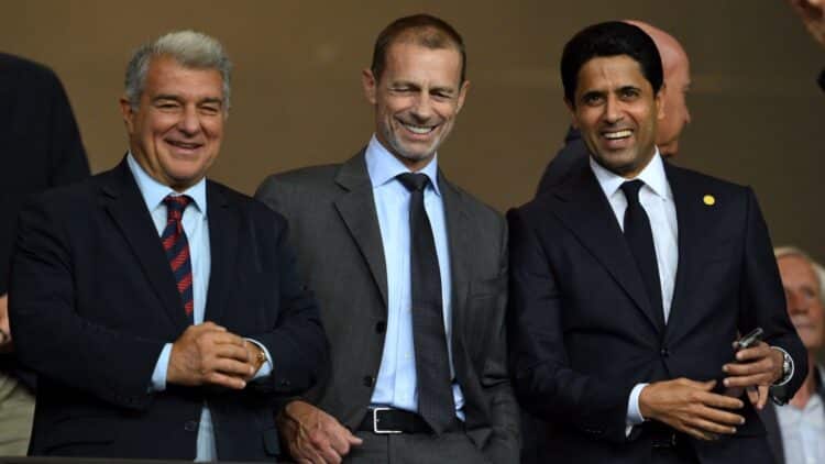 Joan Laporta, Ceferin y Al-Khelaifi.