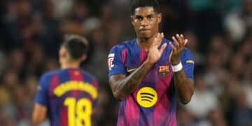 Rashford, durante un partido con el Barcelona.