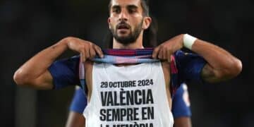 Ferran Torres celebra su gol con el Barcelona.